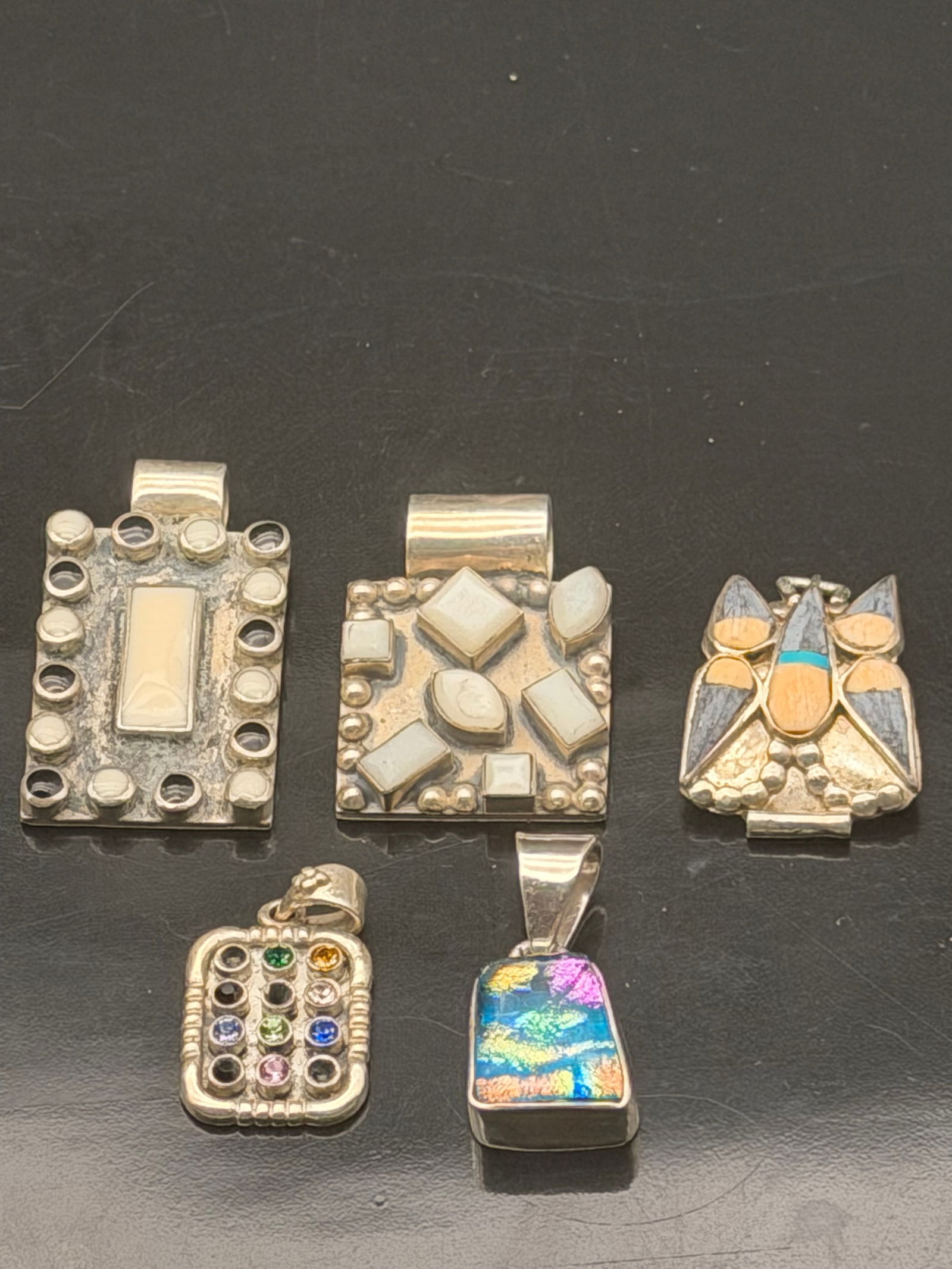 Lot of 5 Sterling Silver Artisan Pendants – Enamel, Mosaic, Dichroic Glass, and Gemstone Inlay (1 of 3)