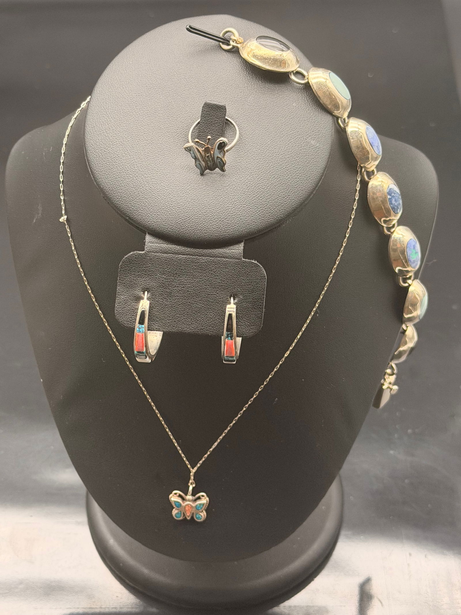 Vintage Mexican Sterling Silver Multi-Stone Inlay Set – Bracelet, Butterfly Necklace, Earrings & (1 of 13)