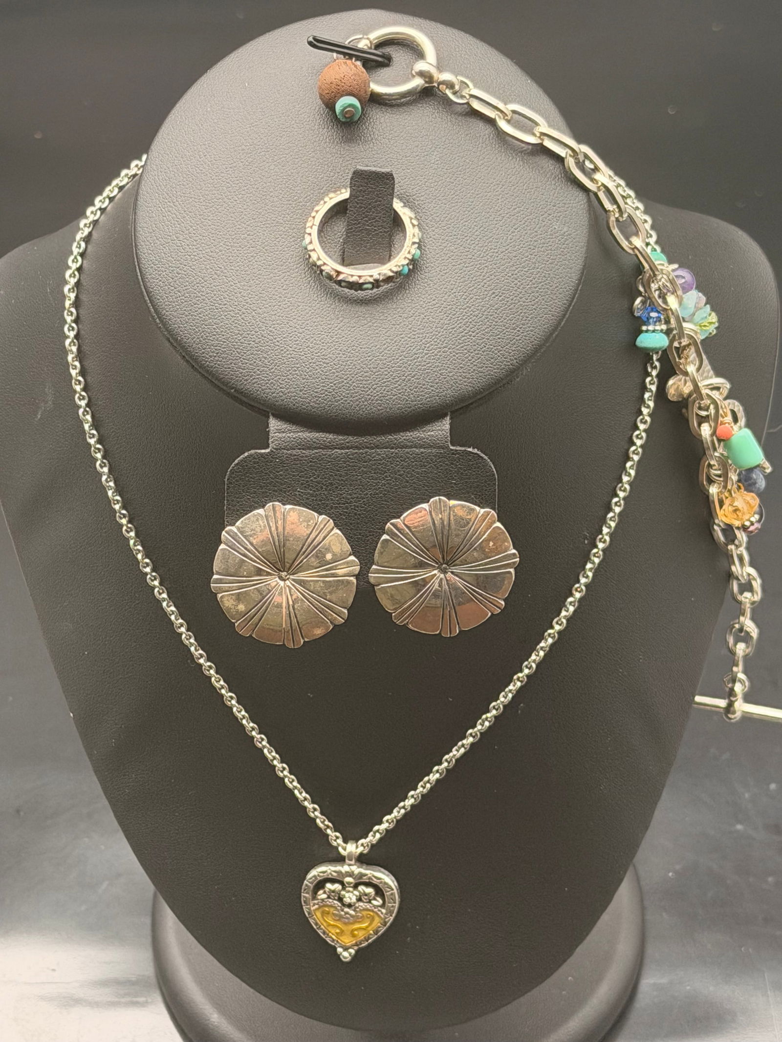 Boho Sterling Silver Jewelry Set – Heart Amber Necklace, Floral Earrings, Gemstone Bracelet & Ring (1 of 11)