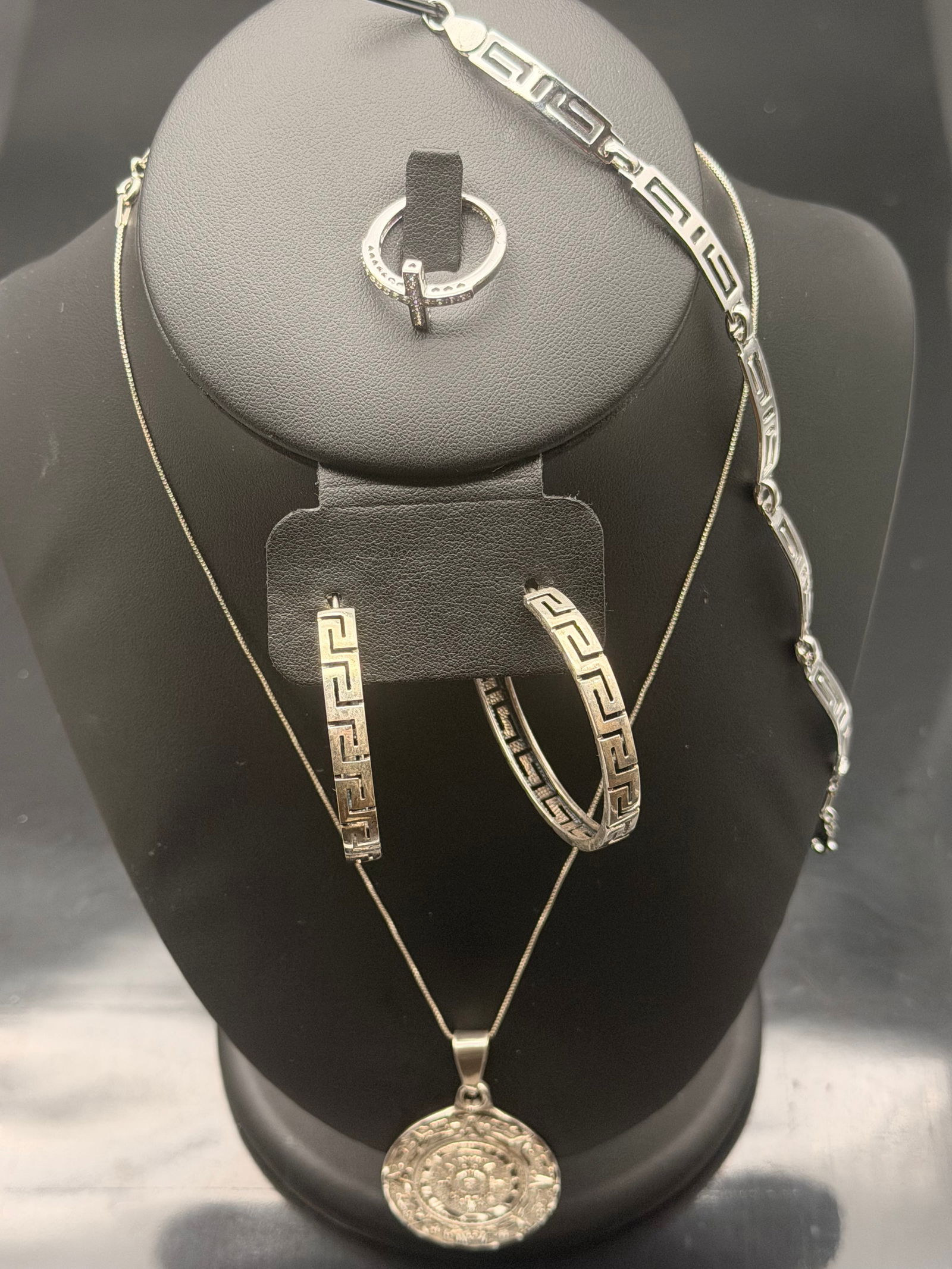 Sterling Silver Greek Key Jewelry Set – Necklace, Bracelet, Hoop Earrings & Cross Ring – 34g (1 of 13)