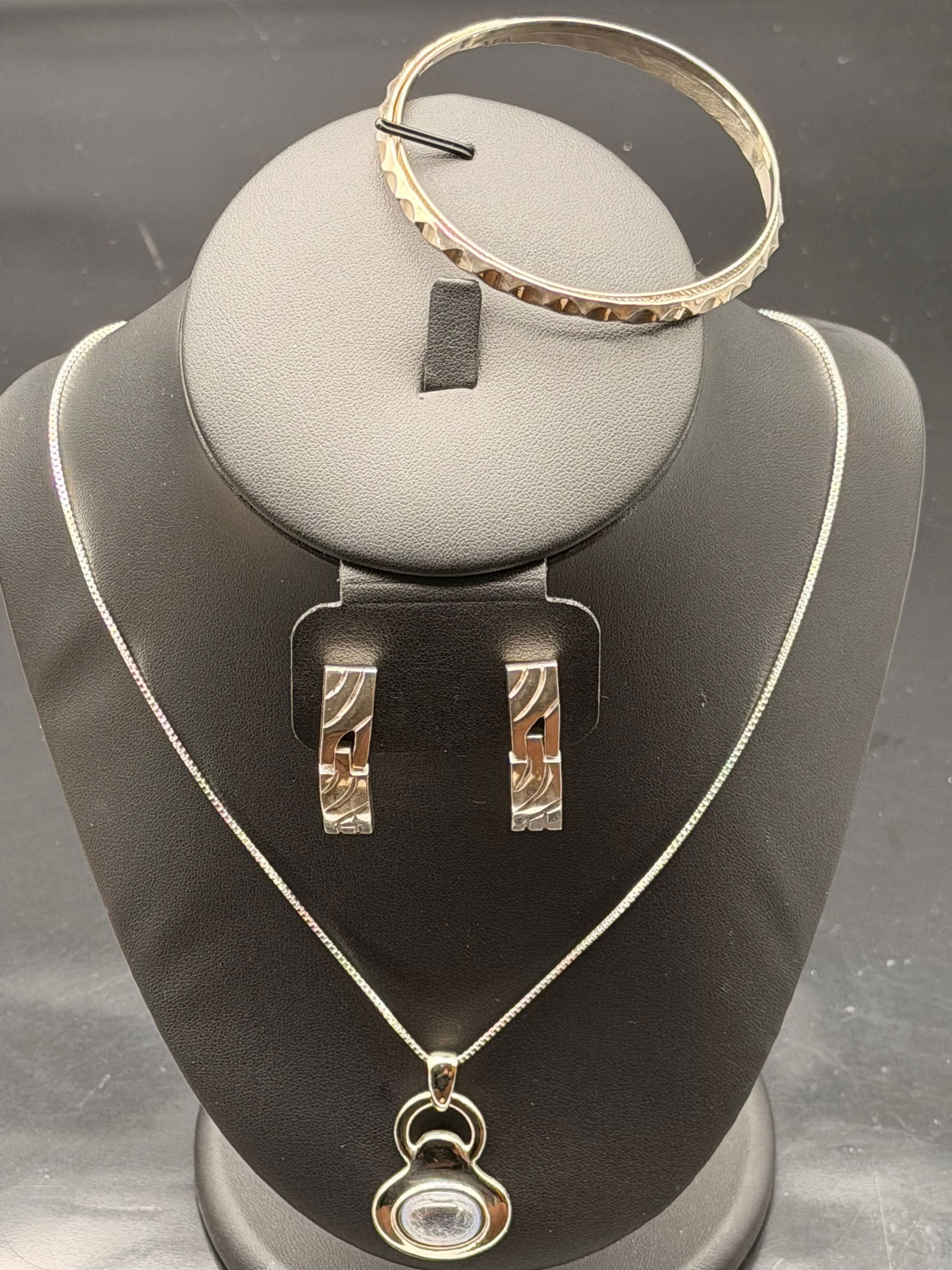 Vintage 925 Sterling Silver Jewelry Set – Bangle, Earrings & Pendant Necklace, 53g (1 of 10)