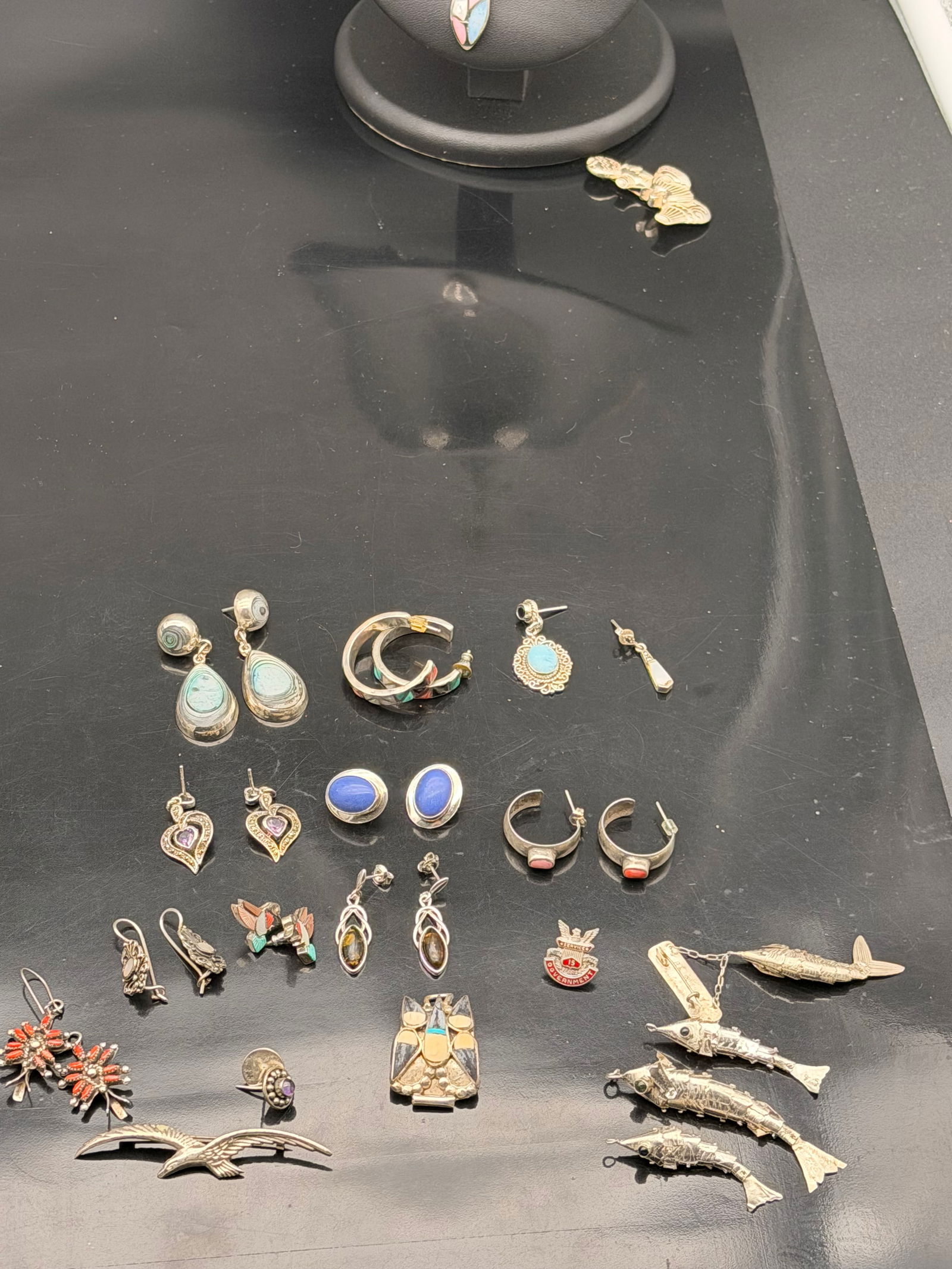 Vintage Sterling Jewelry Lot – Turquoise, Inlay, Fish Charms & Earrings – 70g (1 of 10)