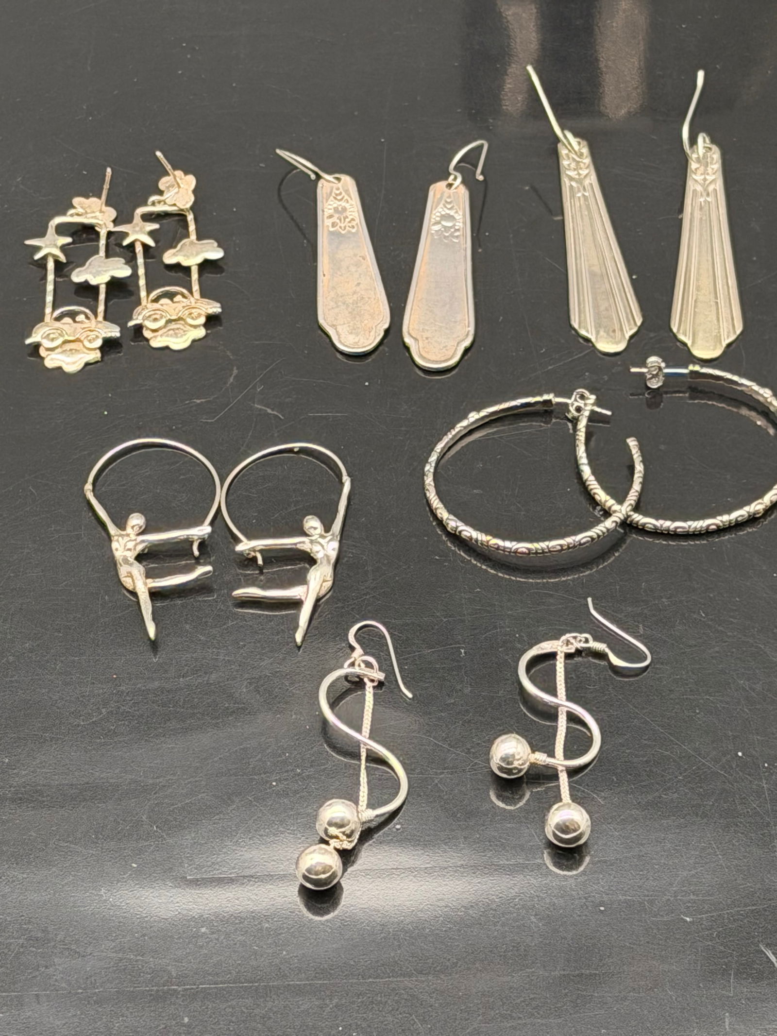Vintage Sterling Earring Lot – Dangles, Hoops & Art Deco Styles – 61g (1 of 8)