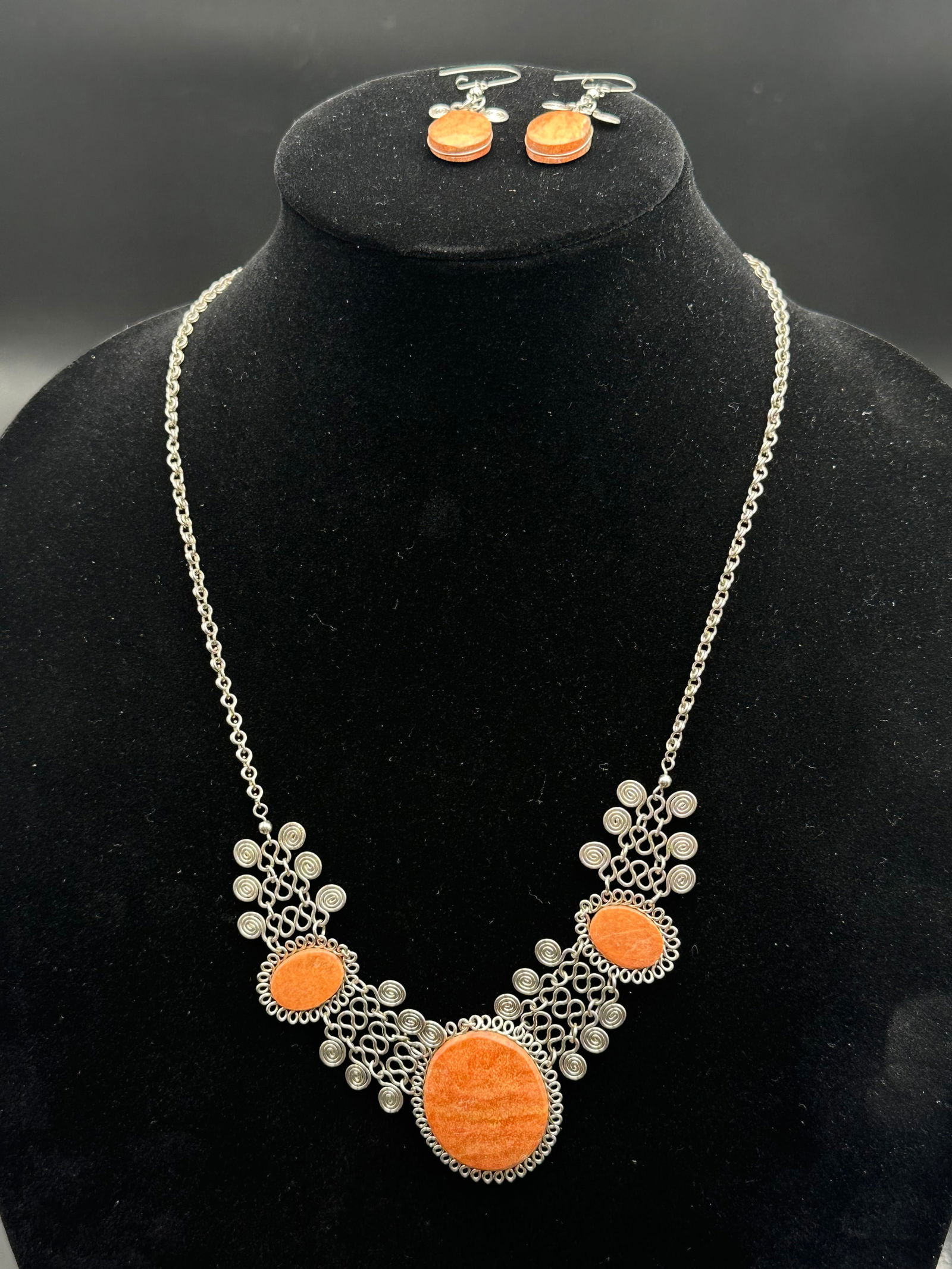 Handcrafted Sterling Silver & Orange Jasper Necklace and Earring Set (1 of 14)