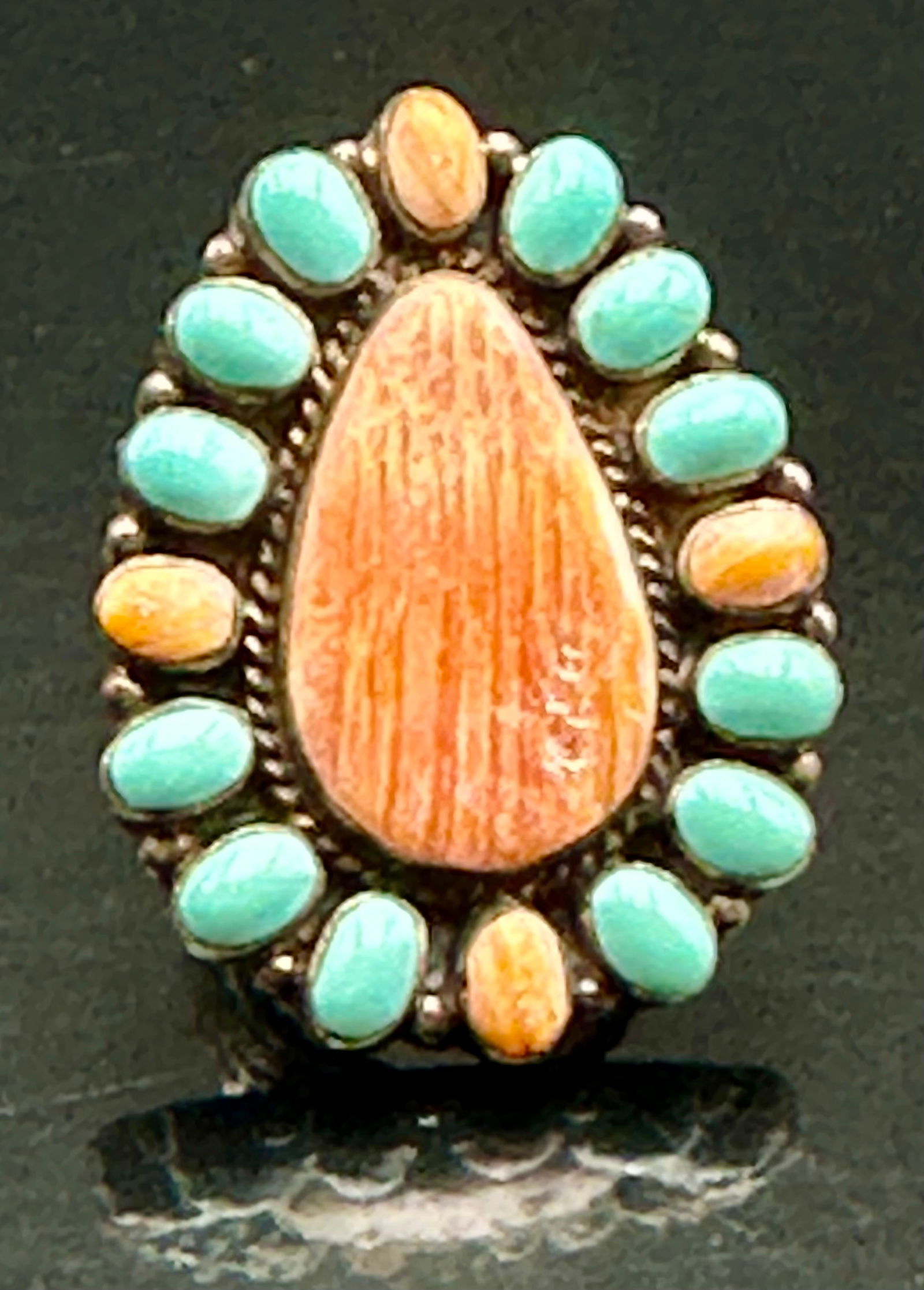 Navajo Sterling Silver Spiny Oyster, Turquoise & Coral Cluster Ring, sz 6½ (1 of 9)