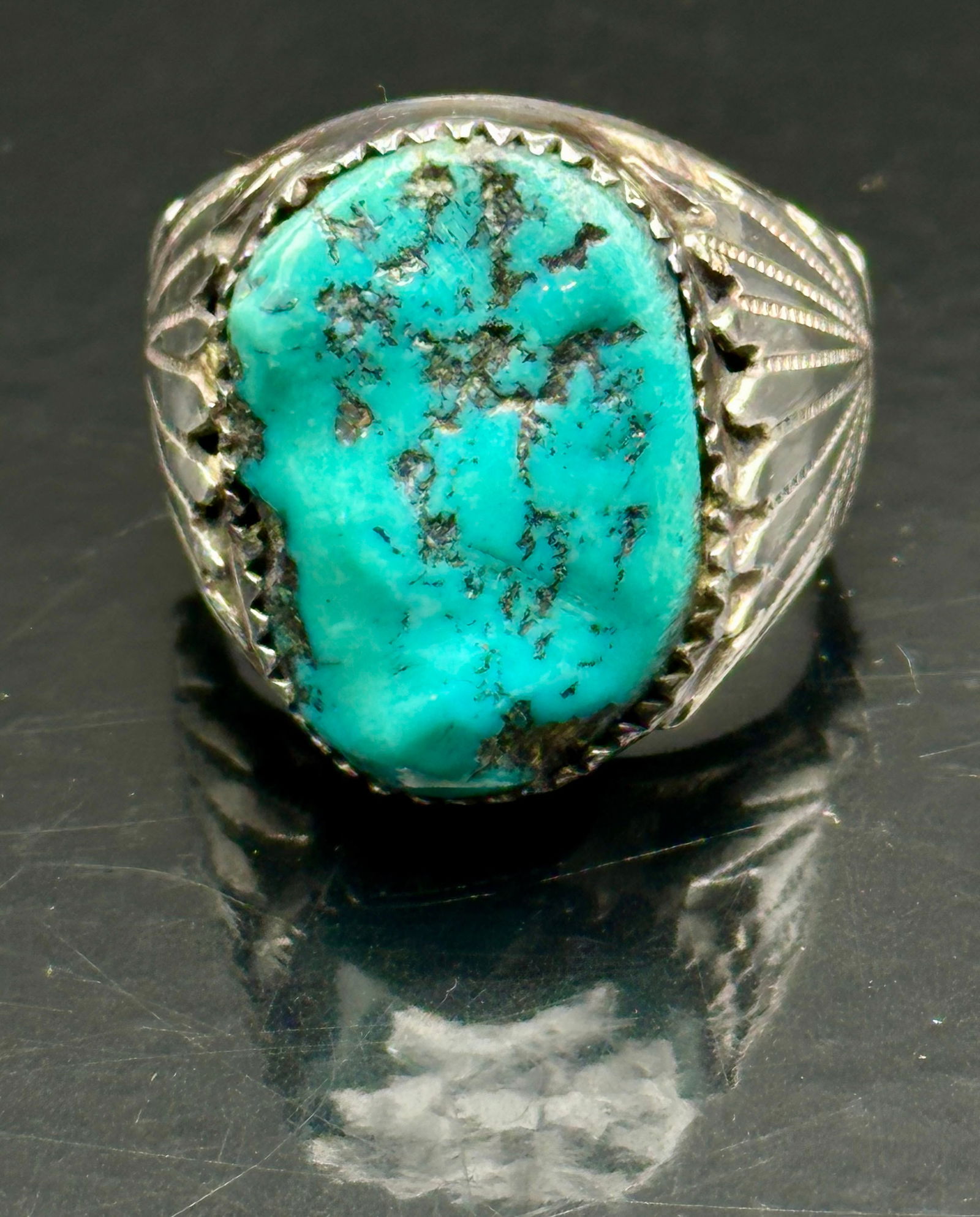 Vintage Navajo Sterling Silver Turquoise Nugget Men’s Ring, sz 11, 19g (1 of 7)