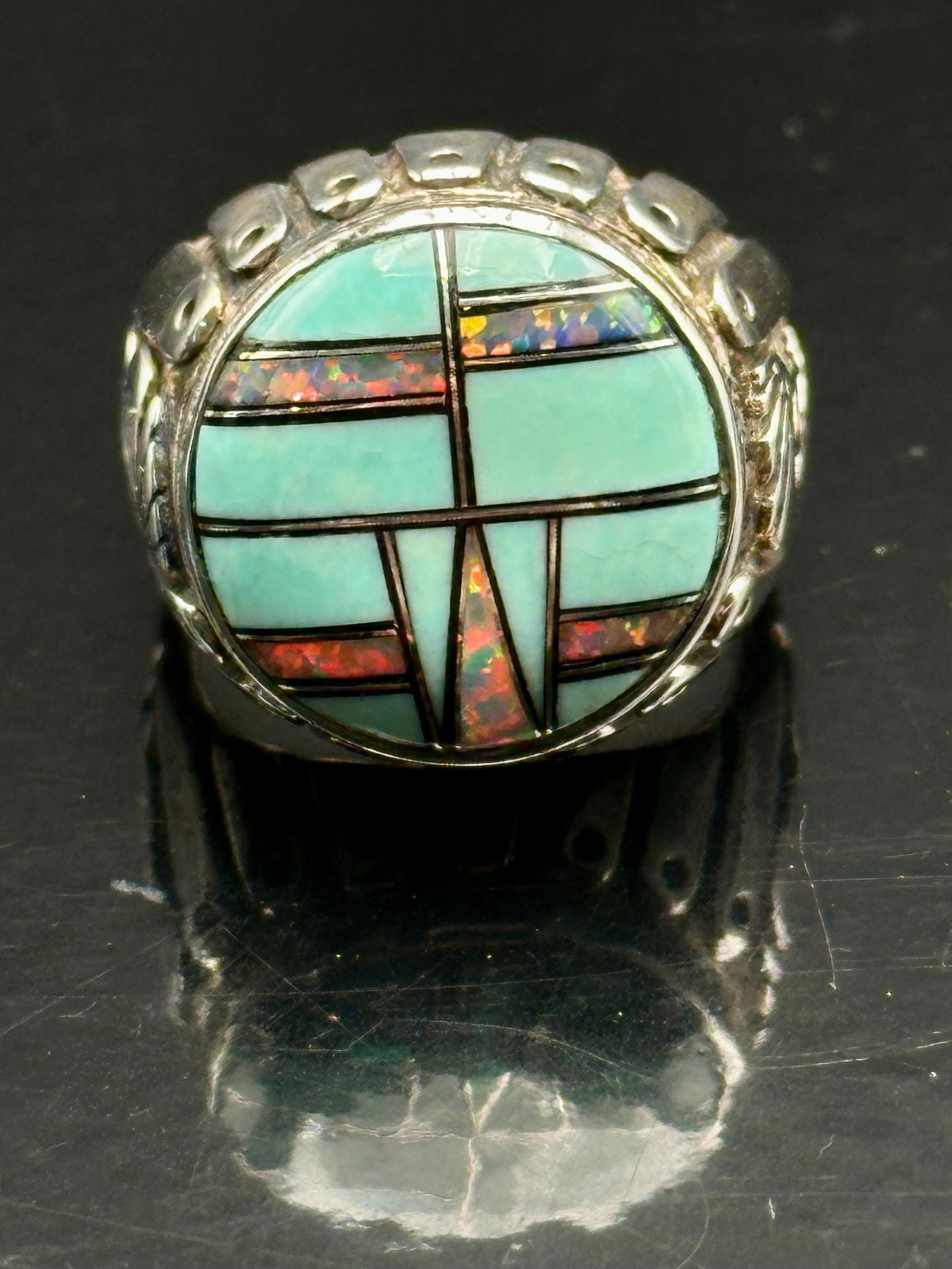 Vintage Zuni Sterling Silver Turquoise & Opal Inlay Ring, 16g (1 of 7)