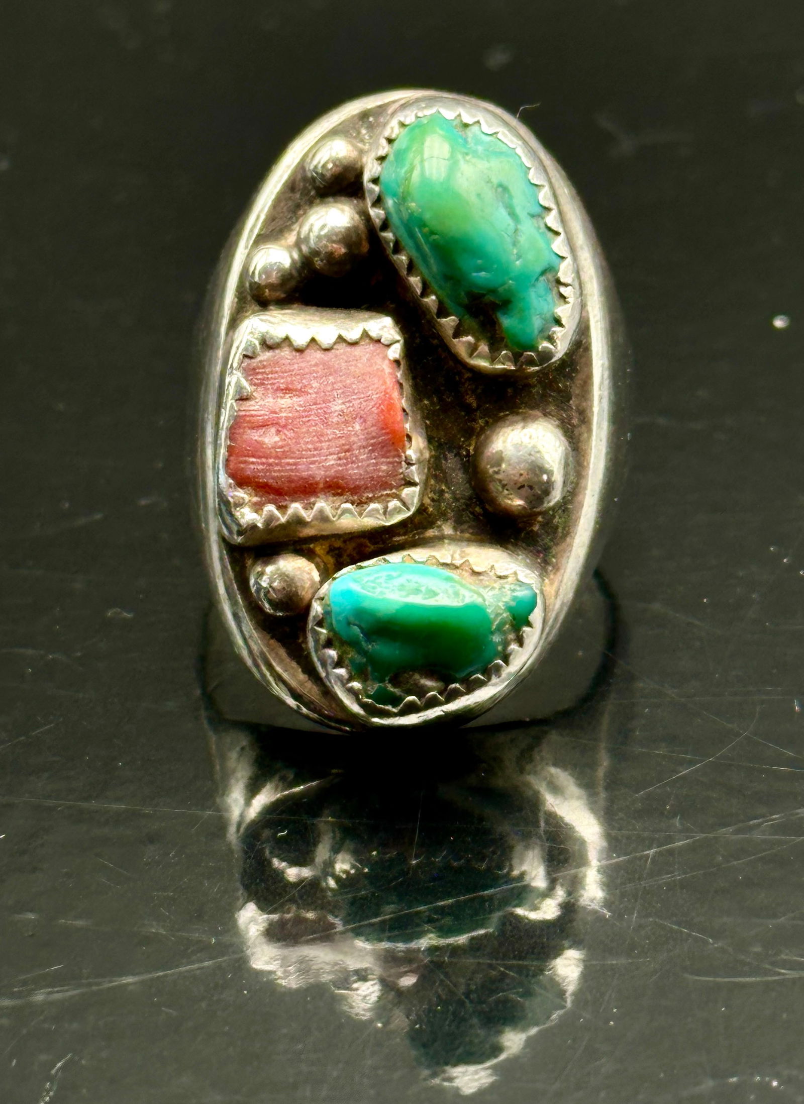 Vintage Navajo Sterling Silver Turquoise & Coral Men’s Ring, 26g, sz 11 (1 of 6)