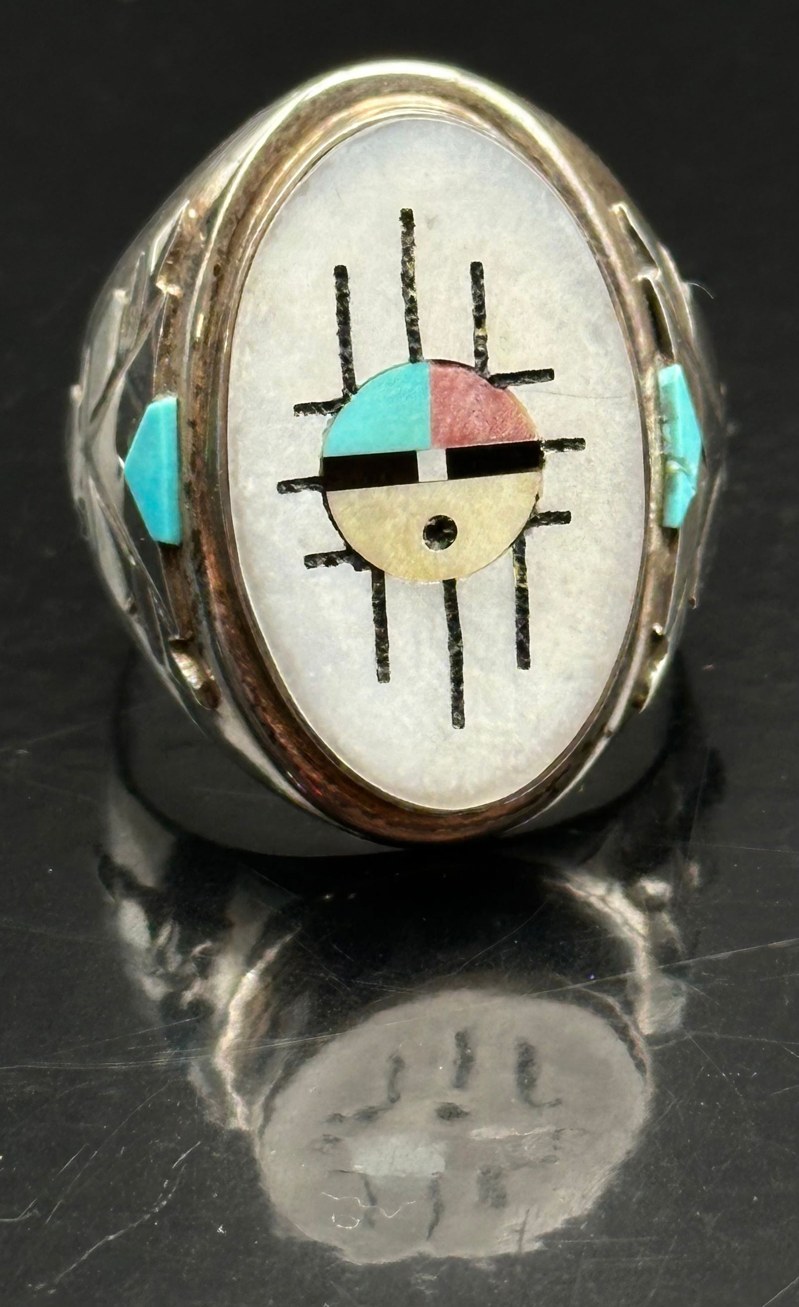 Zuni Sterling Silver Sunface Inlay Ring by Hustito, sz 10½ (1 of 8)