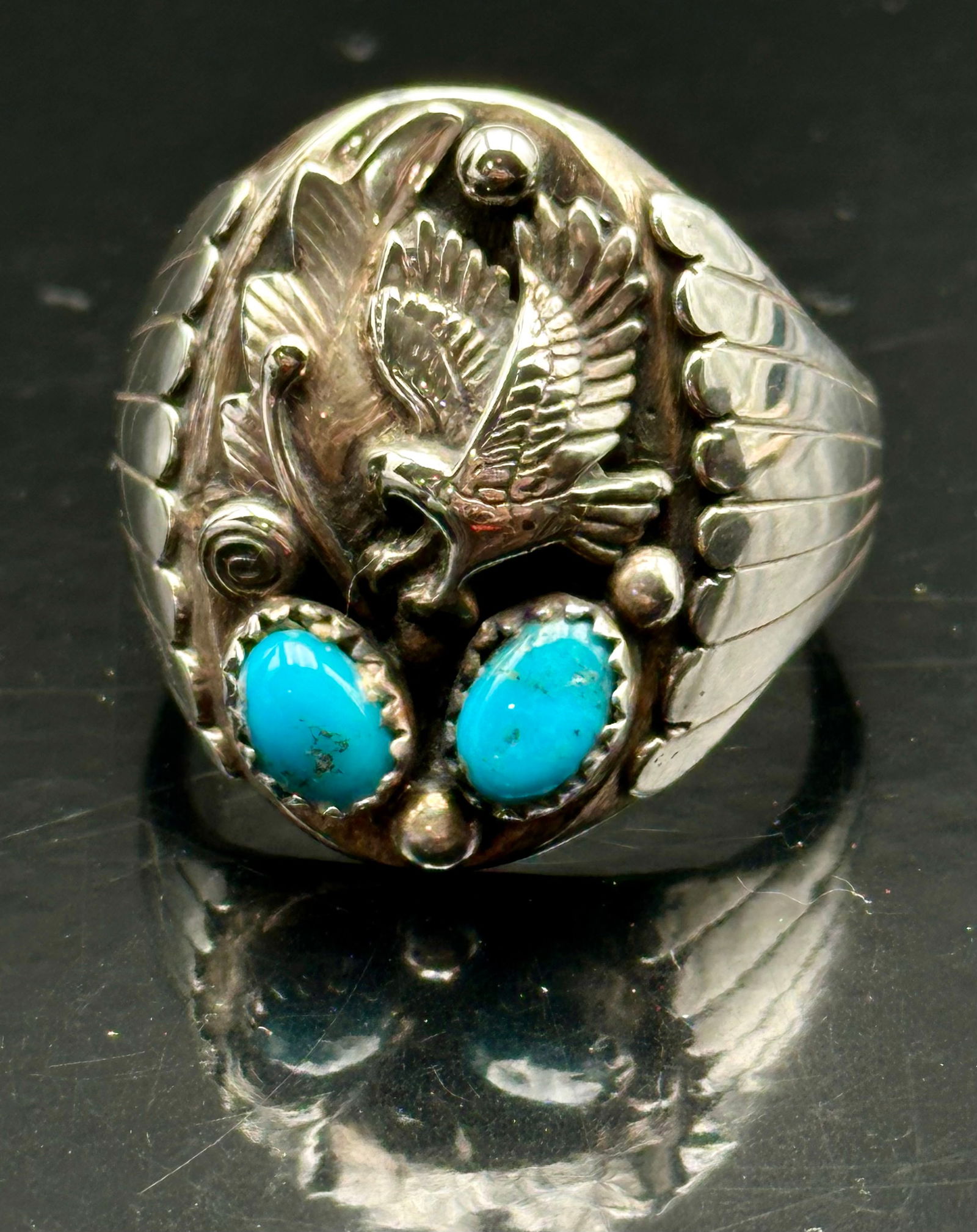 Vintage Navajo Sterling Silver Eagle & Turquoise Ring by Running Bear, Size 14, 21g (1 of 7)