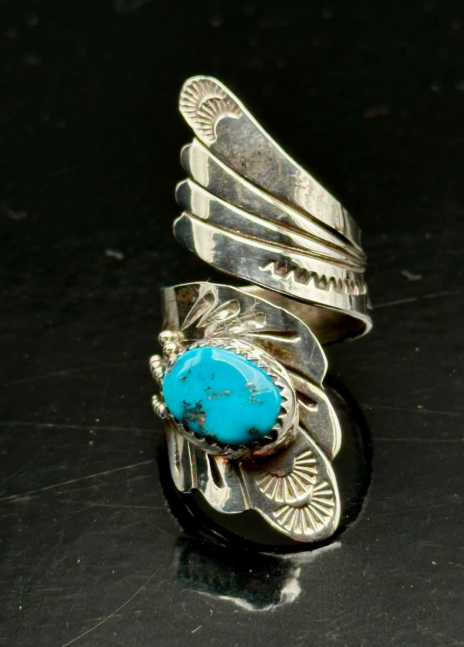 Chaco Trading Sterling Silver Feather & Turquoise Ring, Size 6.5 (1 of 7)