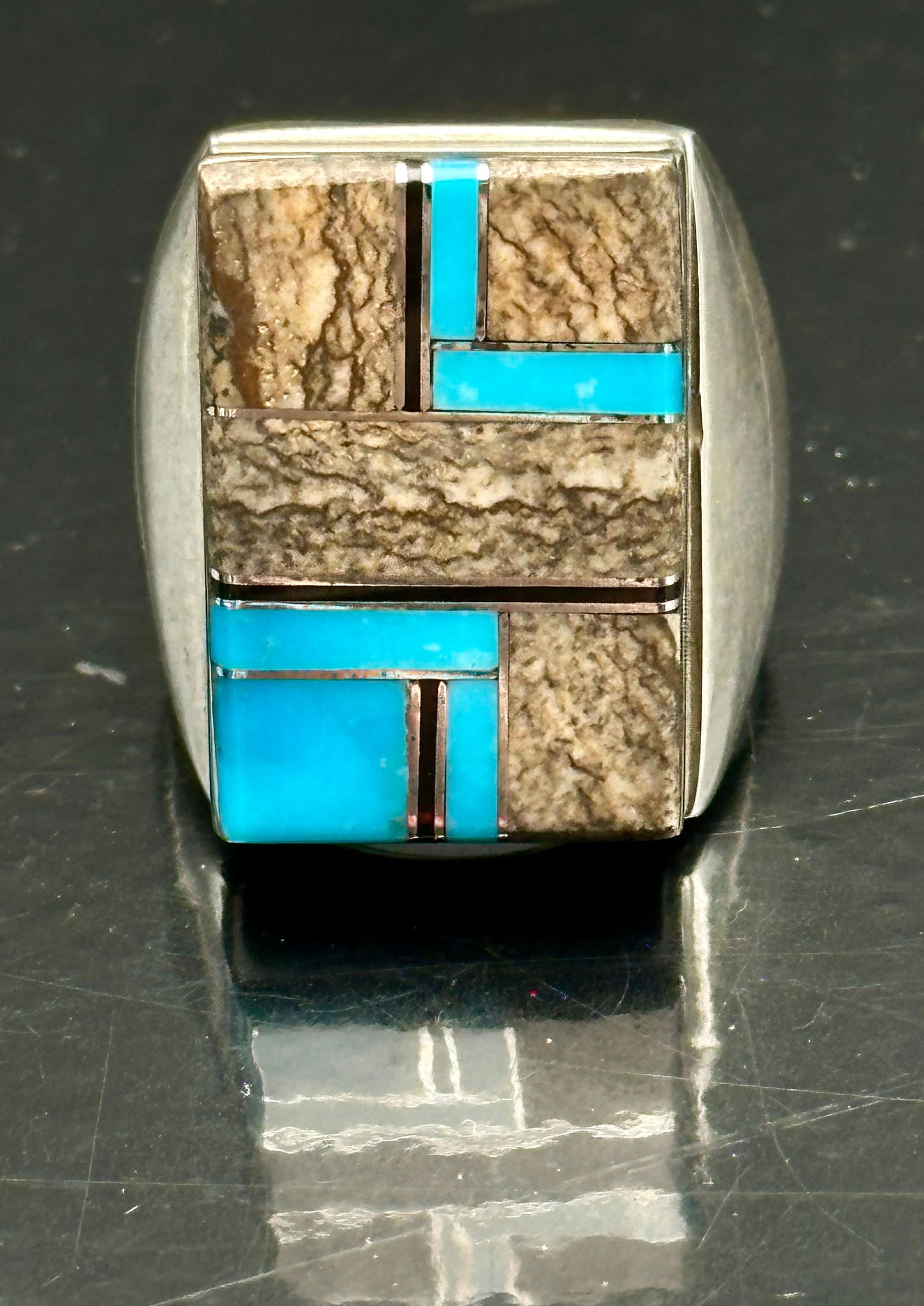 Sterling Silver Turquoise & Wood Inlay Geometric Ring, Size 10.5, 21g: Contemporary Southwestern sterling silver ring featuring turquoise and wood (or fossil bone) inlay in a geometric block pattern. Bold modernist design with heavy silver shank. Size 10.5, total weight
