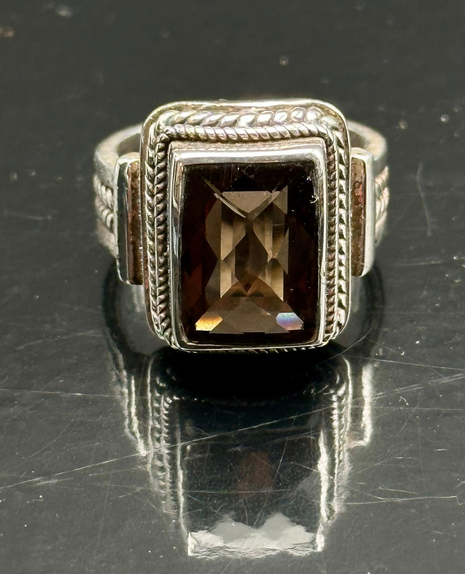 Sterling Silver Smoky Quartz Rectangular Ring, Size 9 (1 of 7)