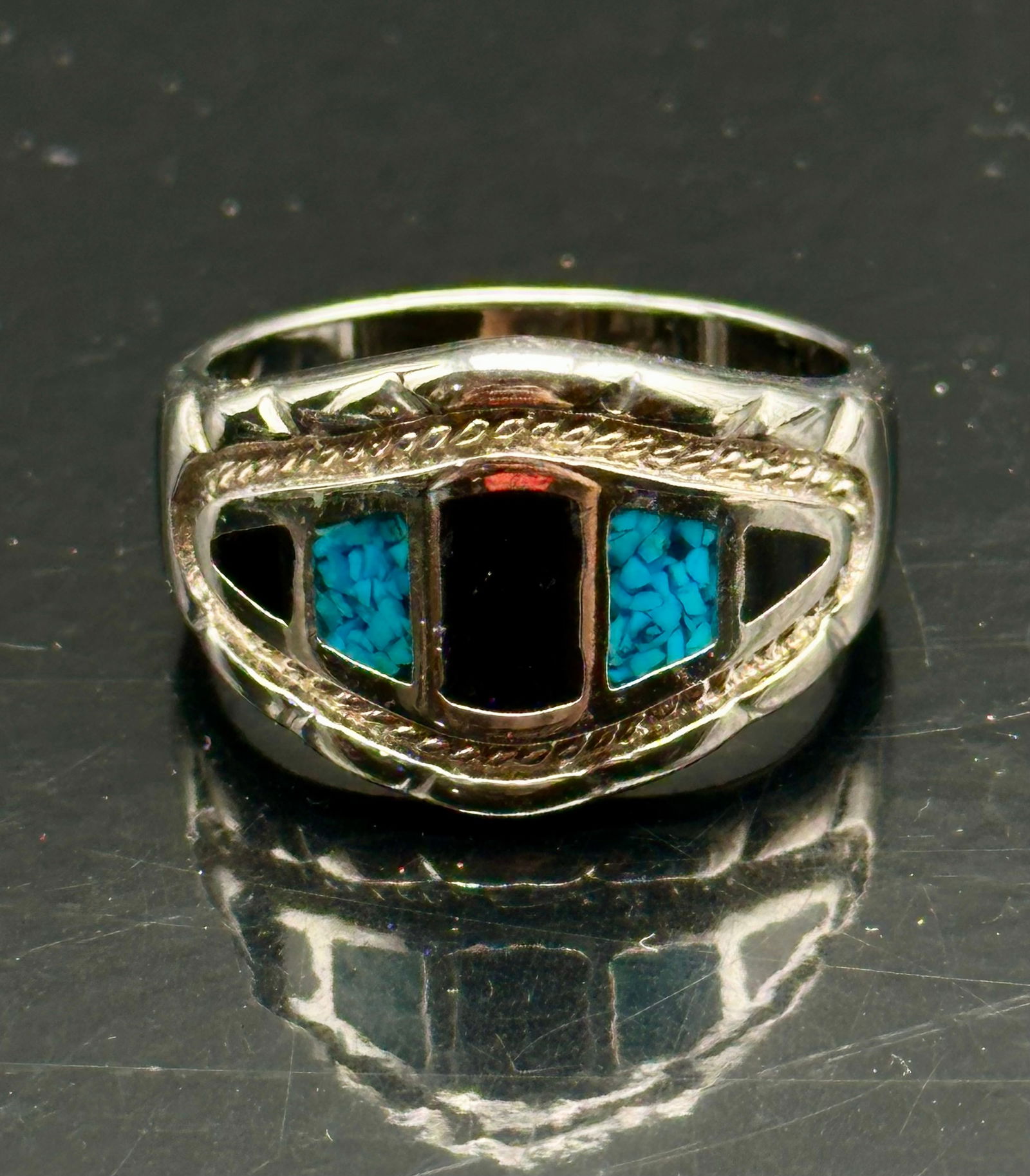 Sterling Silver Turquoise & Onyx Inlay Ring, Size 13, 11g (1 of 7)