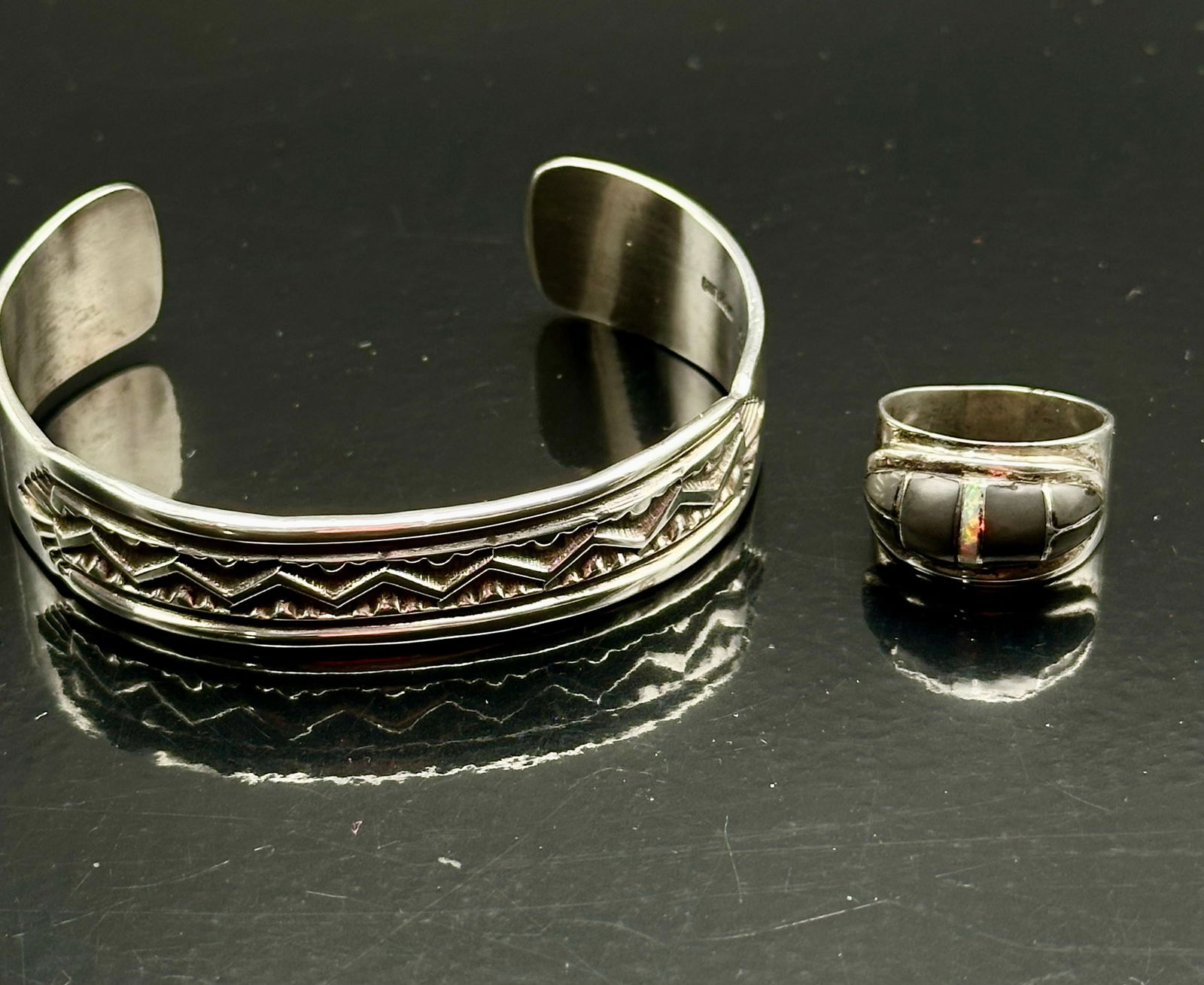 Sterling Silver Navajo Cuff & Gibson Opal Onyx Ring, 48g (1 of 12)