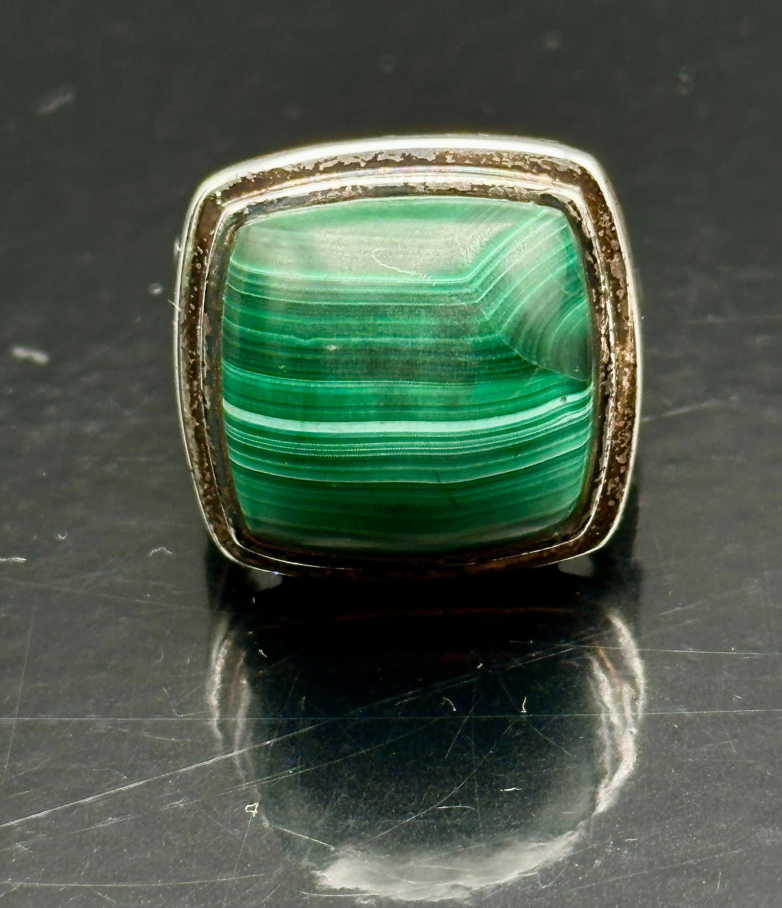 Sterling Silver Malachite Square Cabochon Ring, Size 8 (1 of 6)