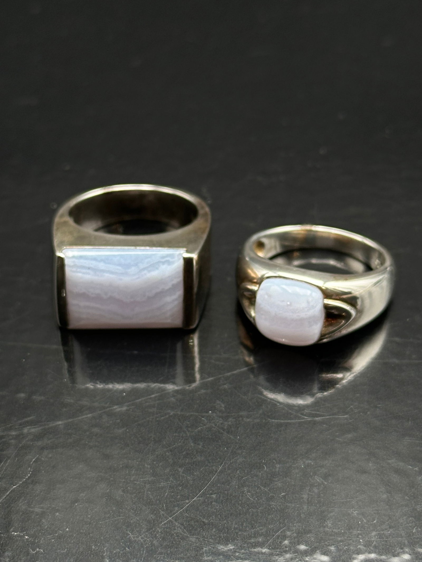 Pair of Sterling Silver Blue Agate & Blue Quartz Rings, Sz 7.5–7.75 (1 of 11)