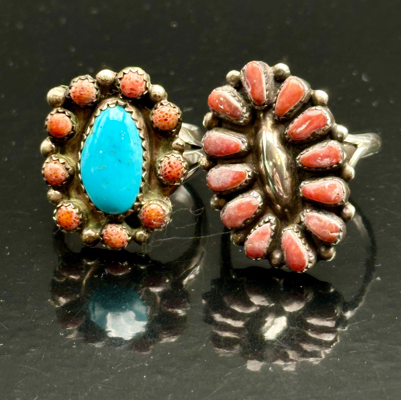 Vintage Zuni Sterling Silver Sunburst Rings Lot – Turquoise & Coral Cluster Designs (1 of 11)