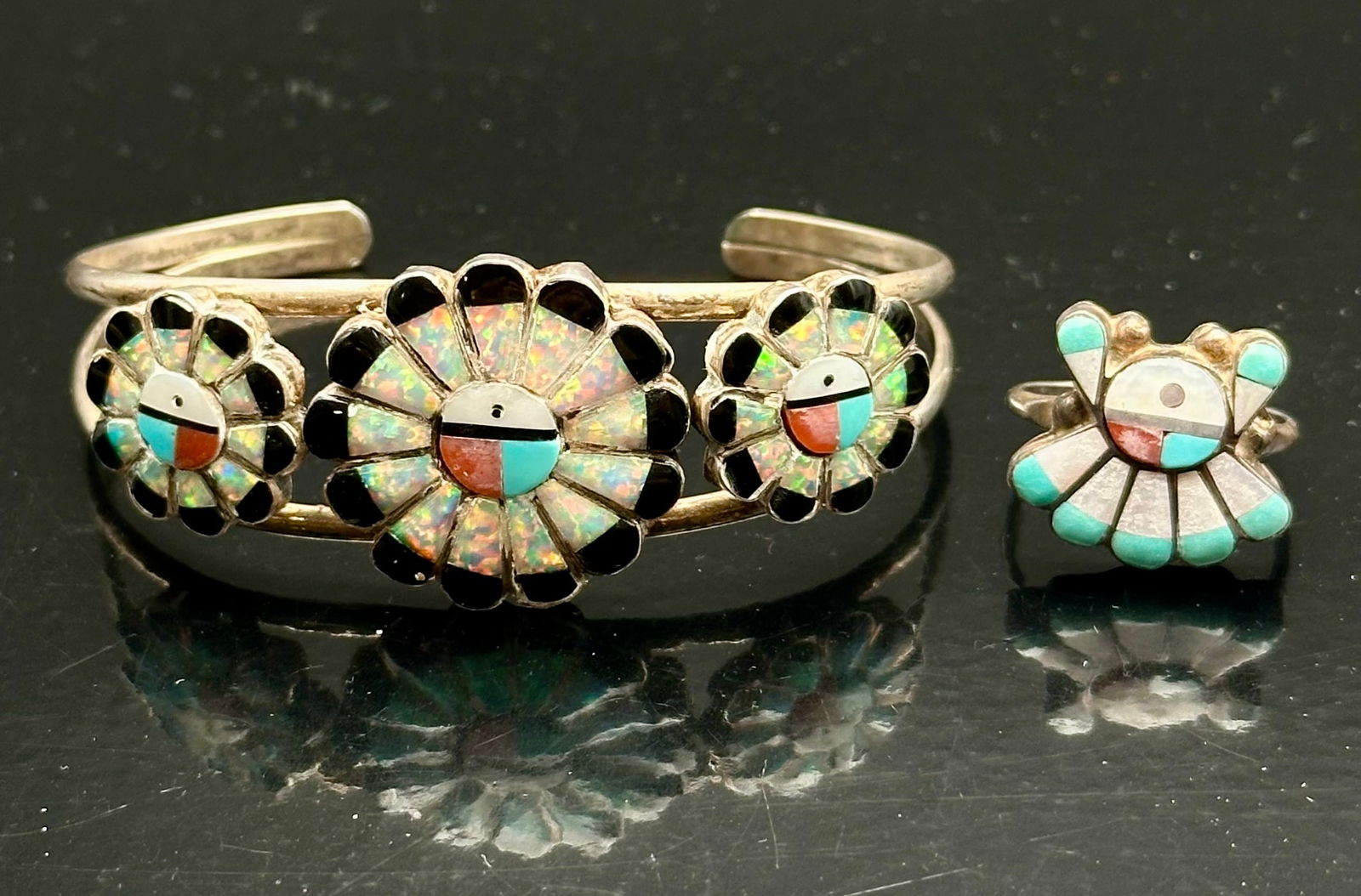 Vintage Zuni Sterling Silver Sunface Inlay Bracelet & Ring Set – Opal, Turquoise, Coral (1 of 10)