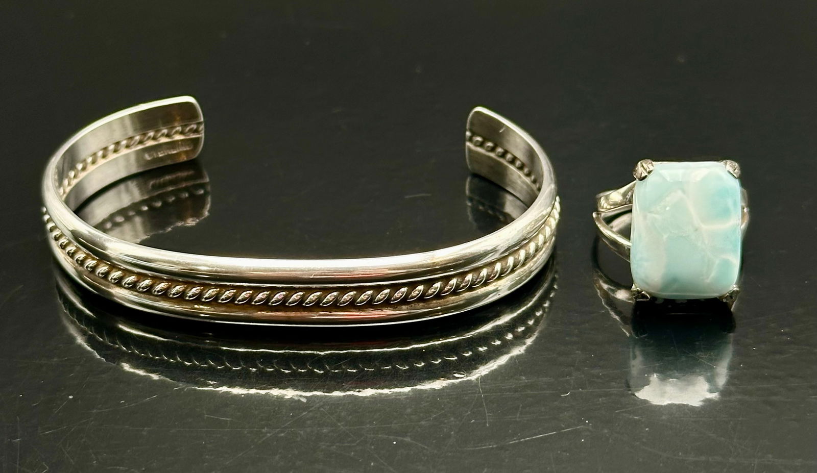 Sterling Silver Larimar Bracelet & Ring Set – Caribbean Blue Cabochon Design (1 of 12)