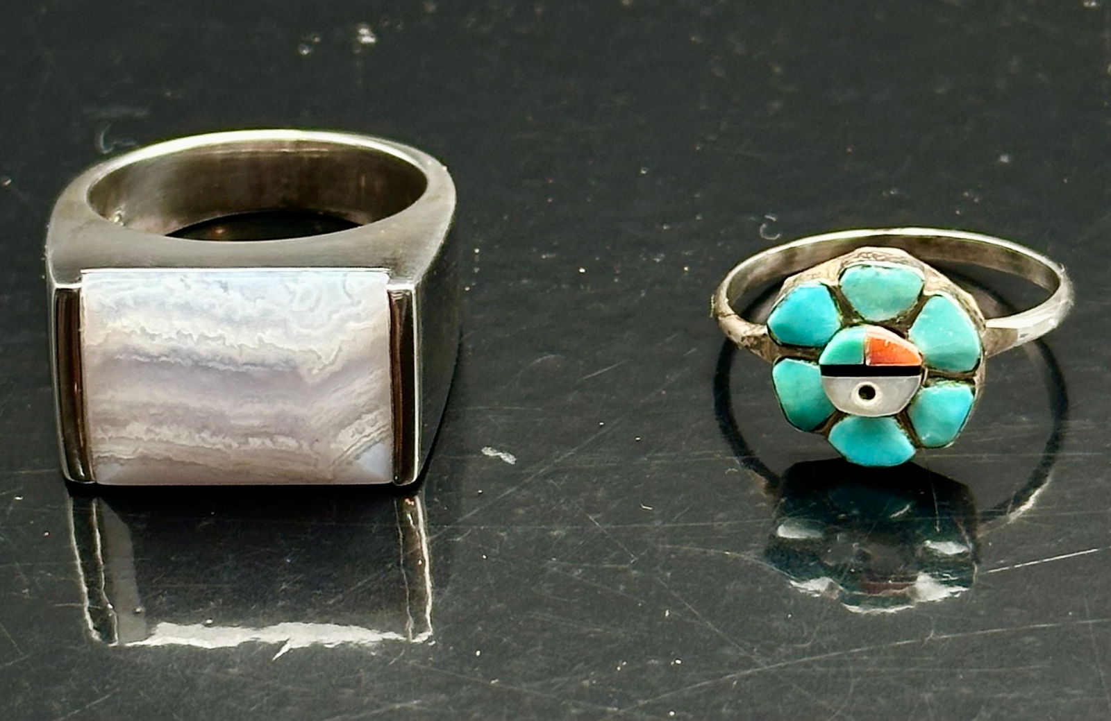 Sterling Silver Rings Lot – Blue Agate & Zuni Turquoise Coral Sunface (1 of 9)