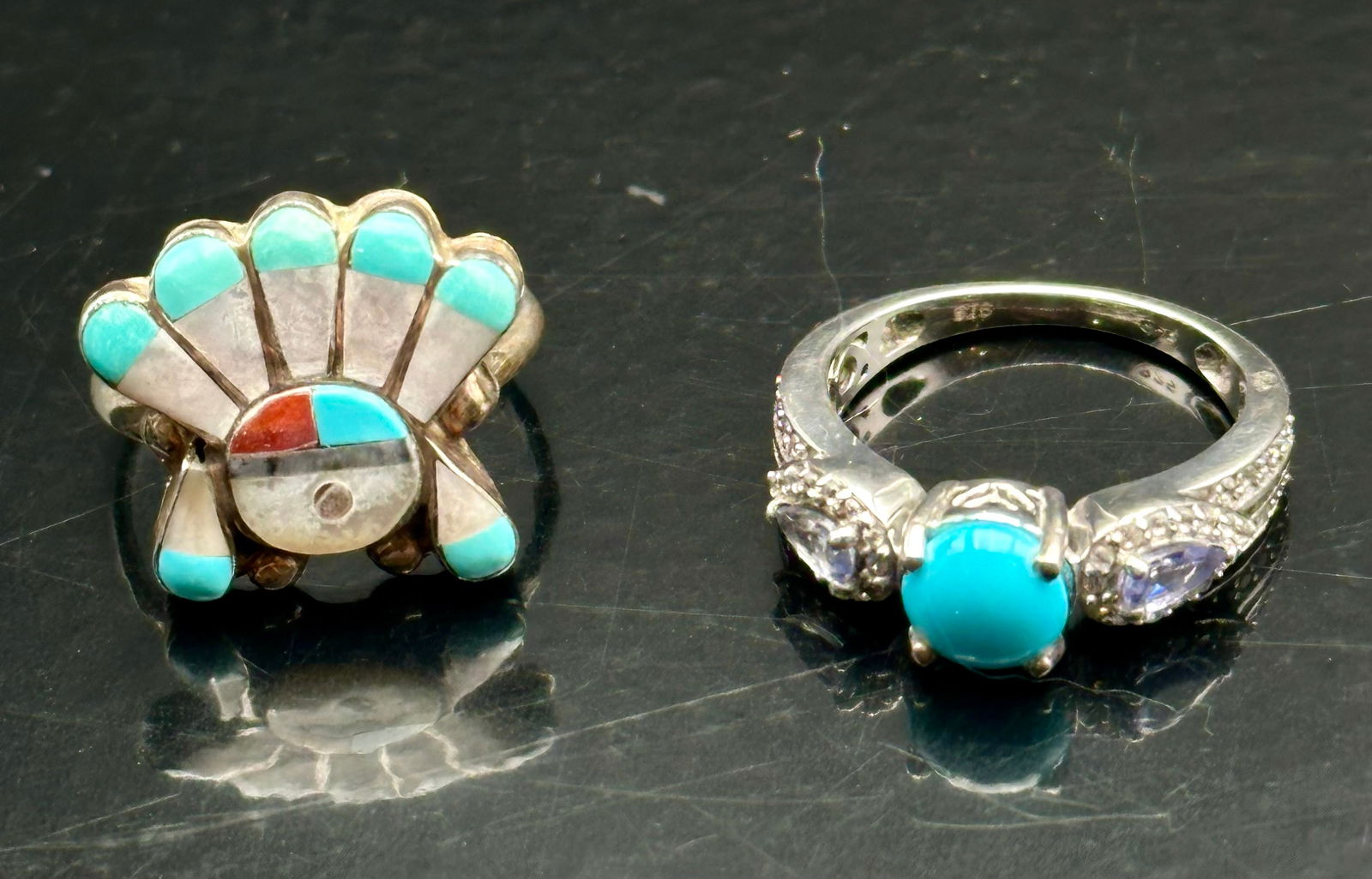 Zuni Sterling Silver Sunface Inlay & Sleeping Beauty Turquoise Ring Lot (1 of 9)