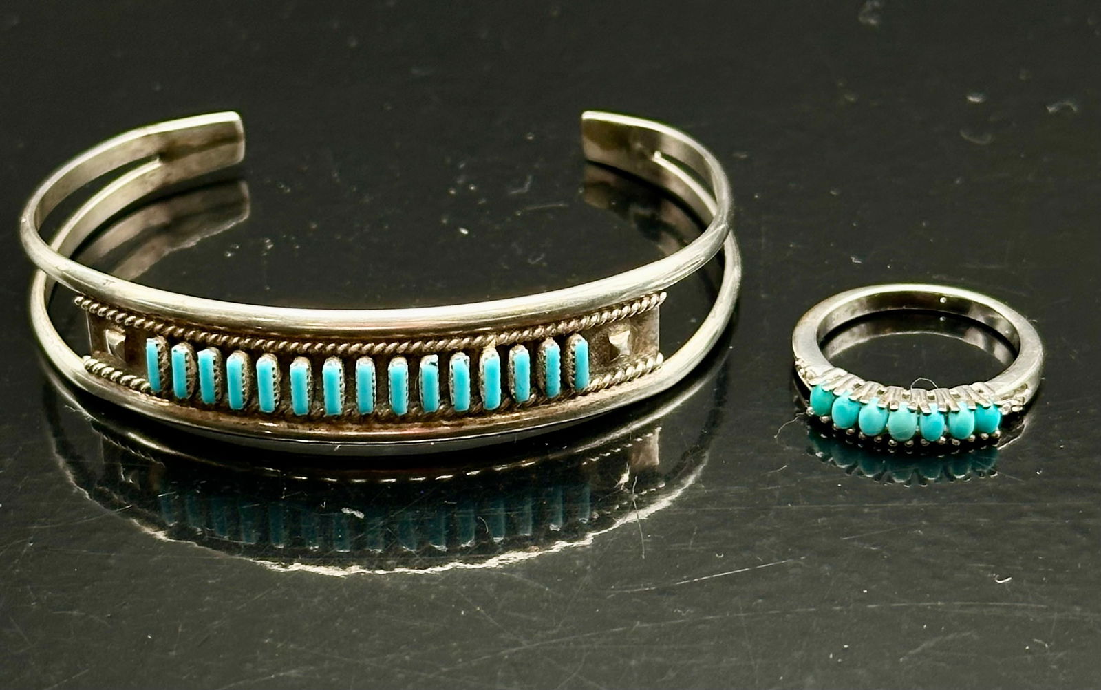 Teresa Kallico Zuni Sterling Silver Turquoise Needlepoint Bracelet & Ring Set (1 of 12)