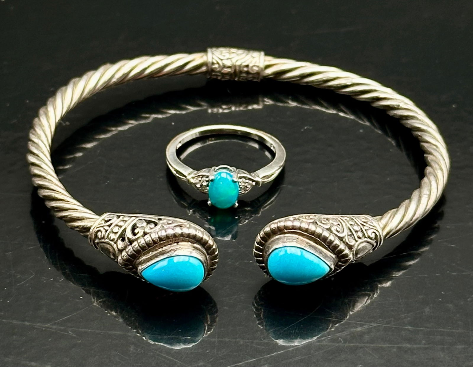 Turquoise Blue Sleeping Beauty Cuff & Ring Set, Sterling Silver (1 of 13)