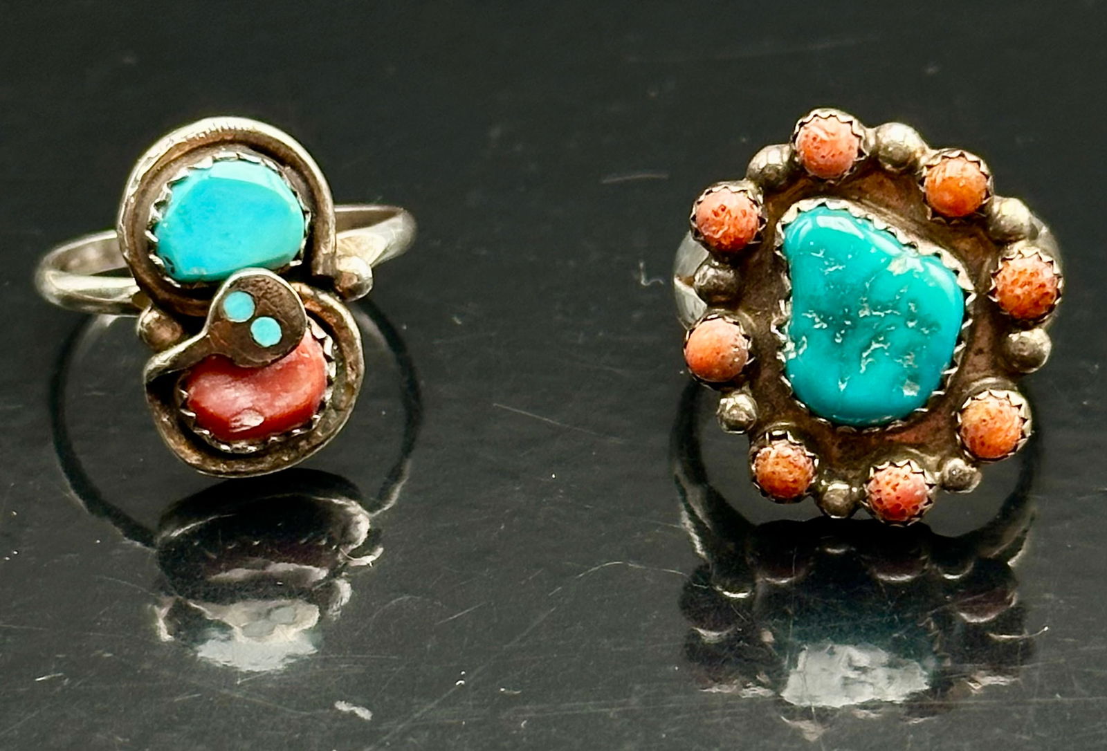 Pair of Sterling Silver Turquoise & Spiny Oyster Rings (1 of 10)