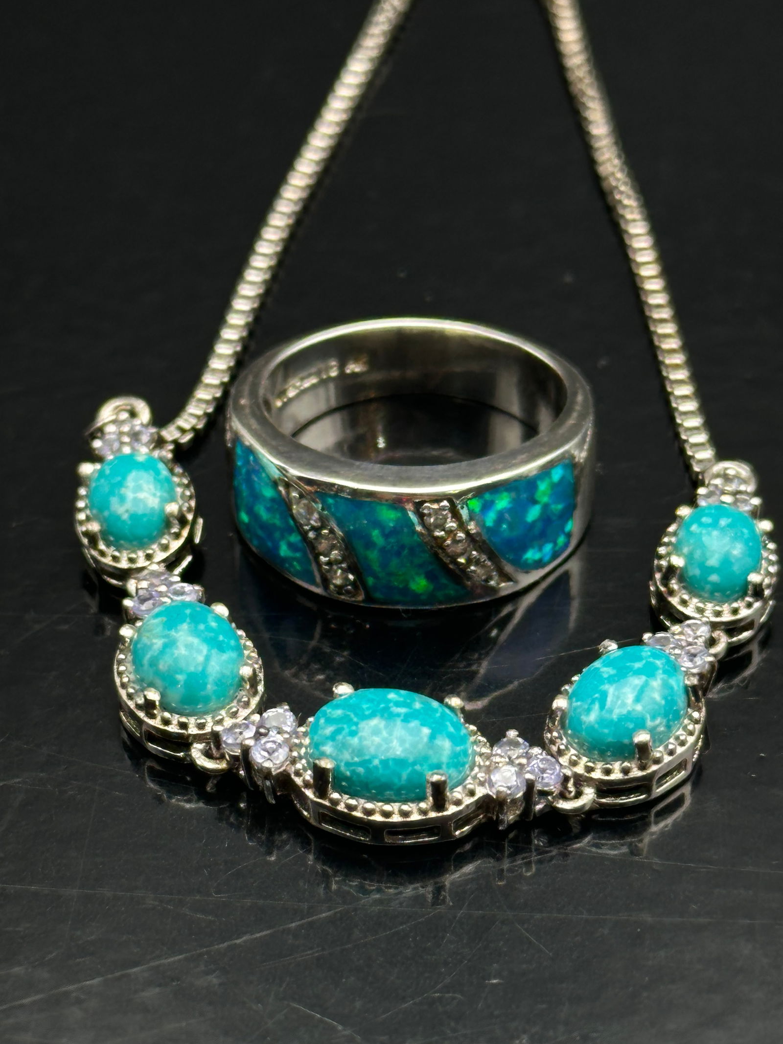 Neon Turquoise & Tanzanite Bracelet with Matching Inlay Ring, Platinum over Sterling: Brilliant duo featuring a neon turquoise and tanzanite accent bracelet (approx. 5.75 ctw) with an adjustable bolo clasp, paired with a sleek turquoise inlay ring. The bracelet showcases vivid blue cab