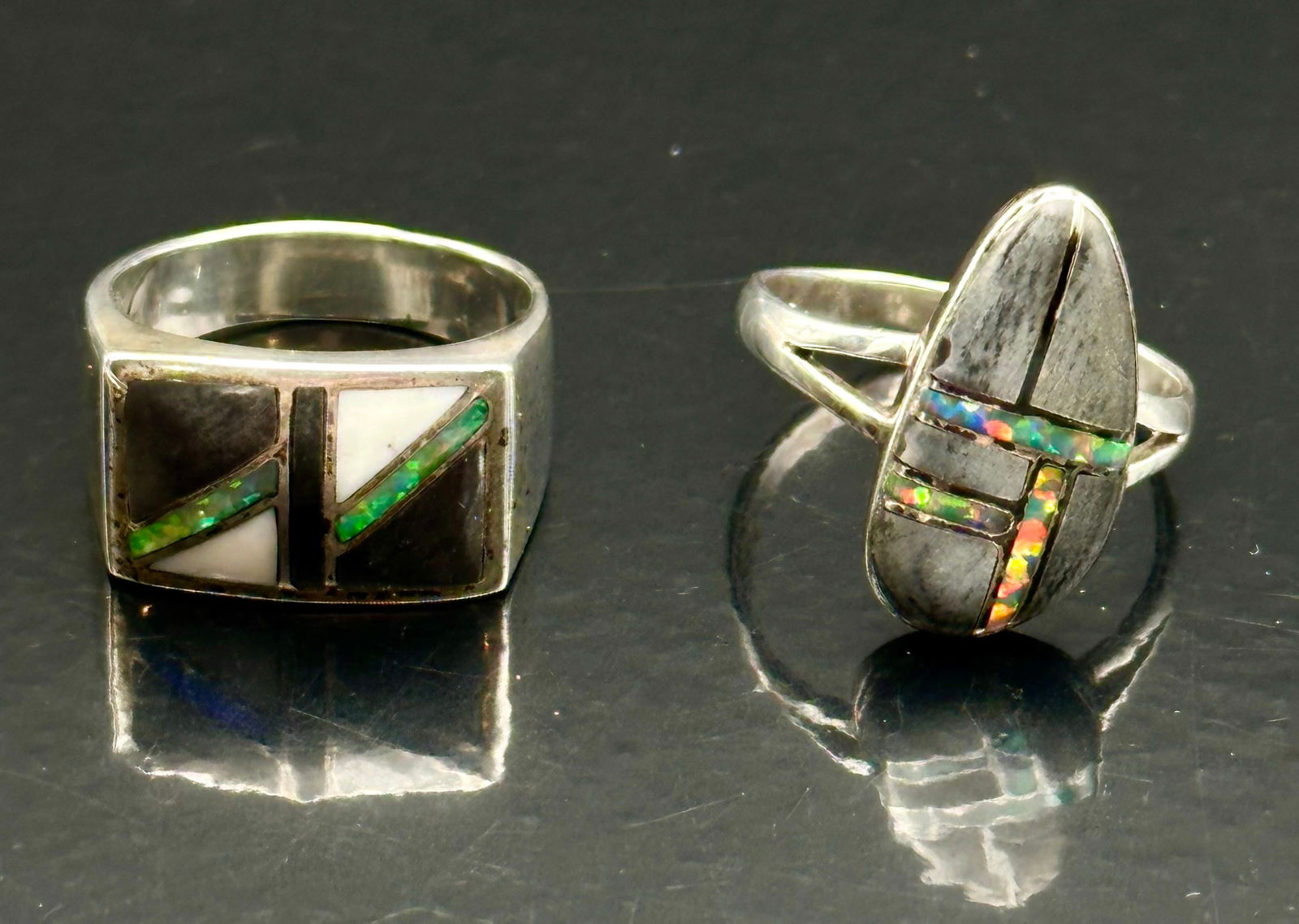 Pair of Native American Sterling Silver Inlay Rings – Jet, Opal & Gibson Designs (1 of 10)