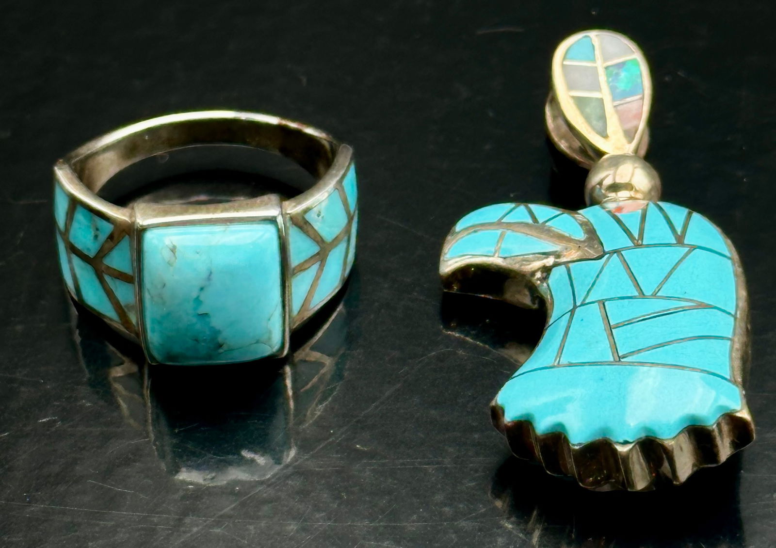 Sterling Silver Turquoise & Multi-Gem Inlay Pendant and Ring, 17g (1 of 12)