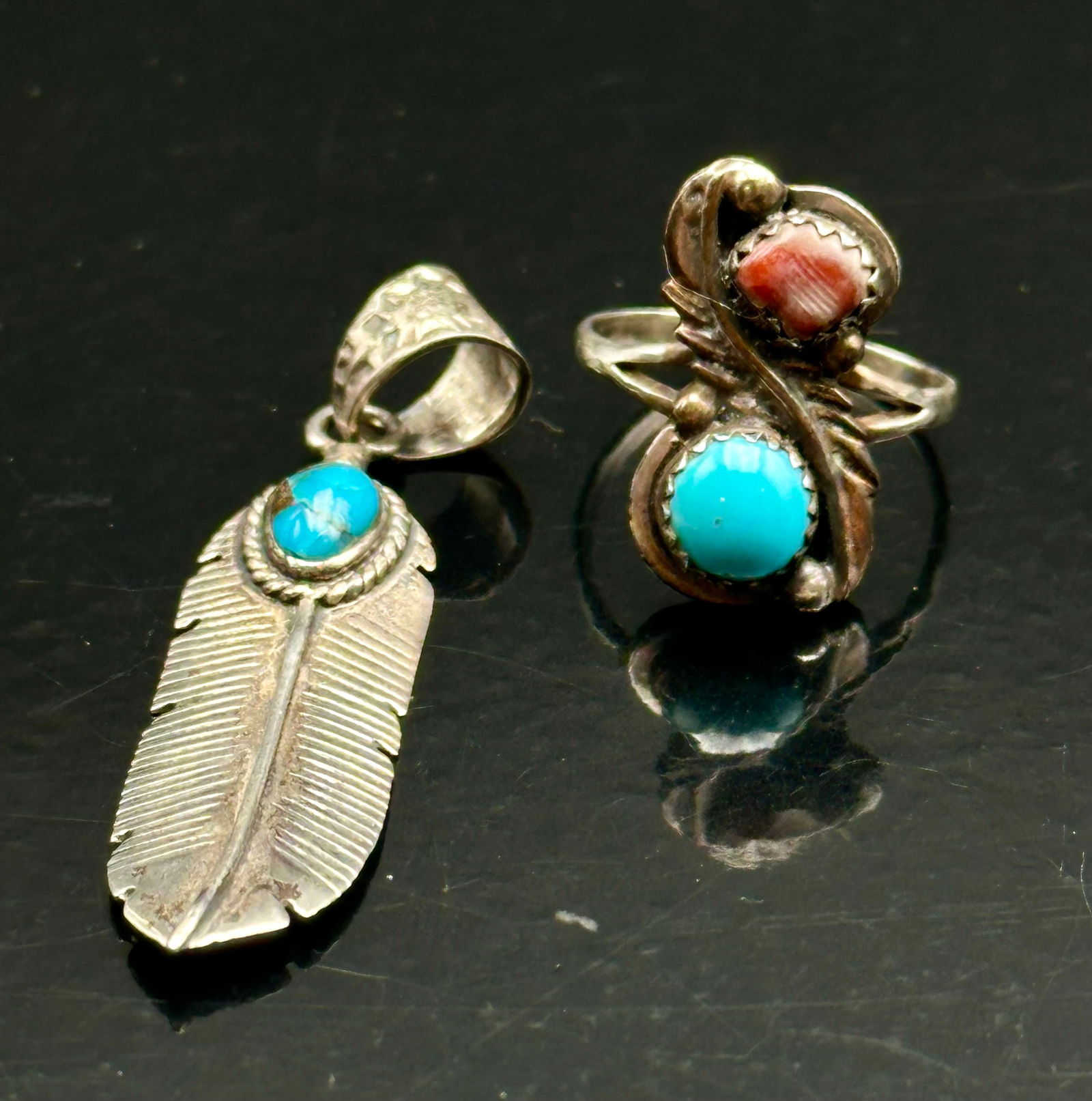 Sterling Silver Turquoise & Coral Ring and Feather Pendant (1 of 12)