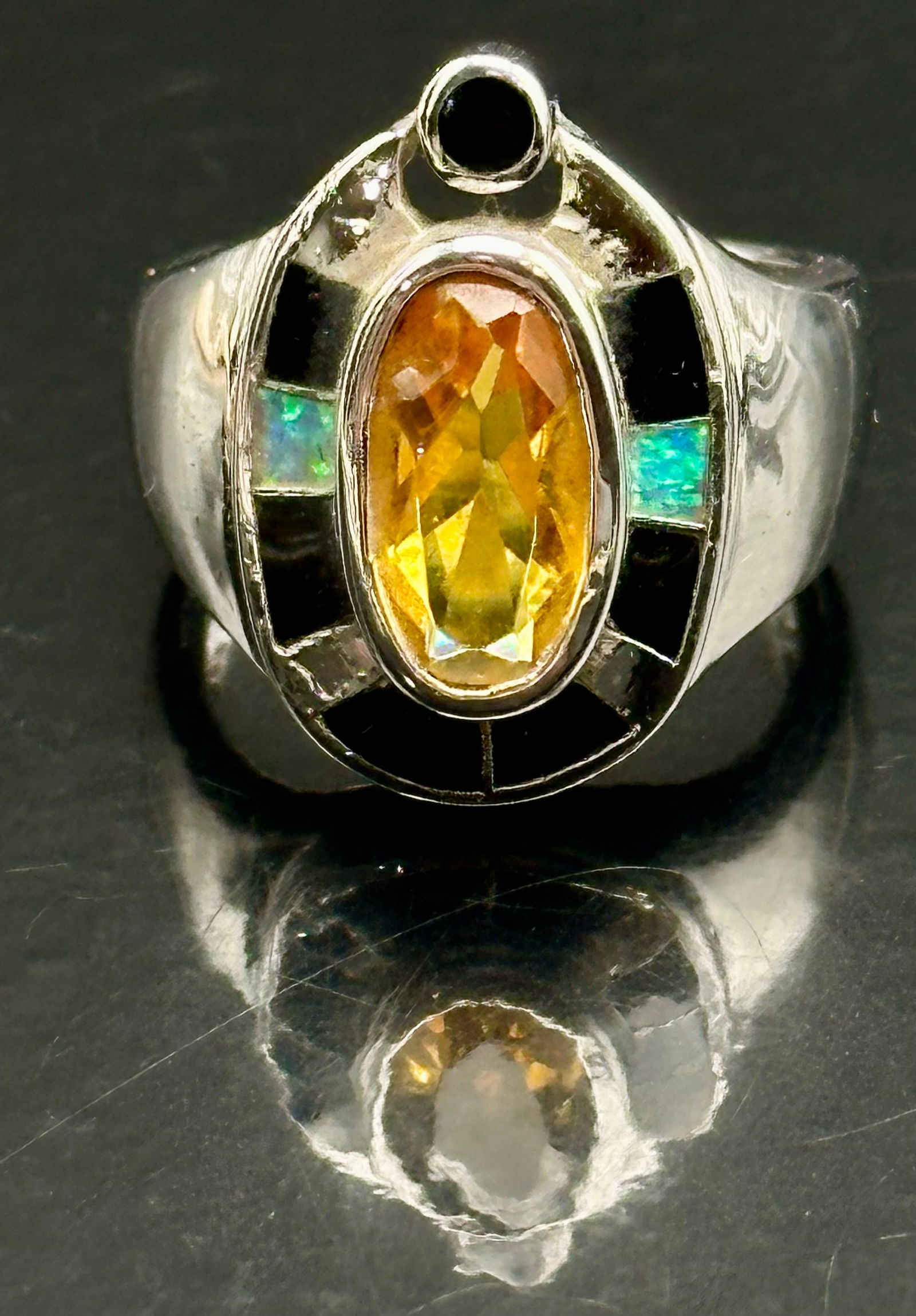 Sterling Silver Citrine, Jet & Opal Inlay Ring – 1.70ct Gemstone, Modern Design (1 of 7)
