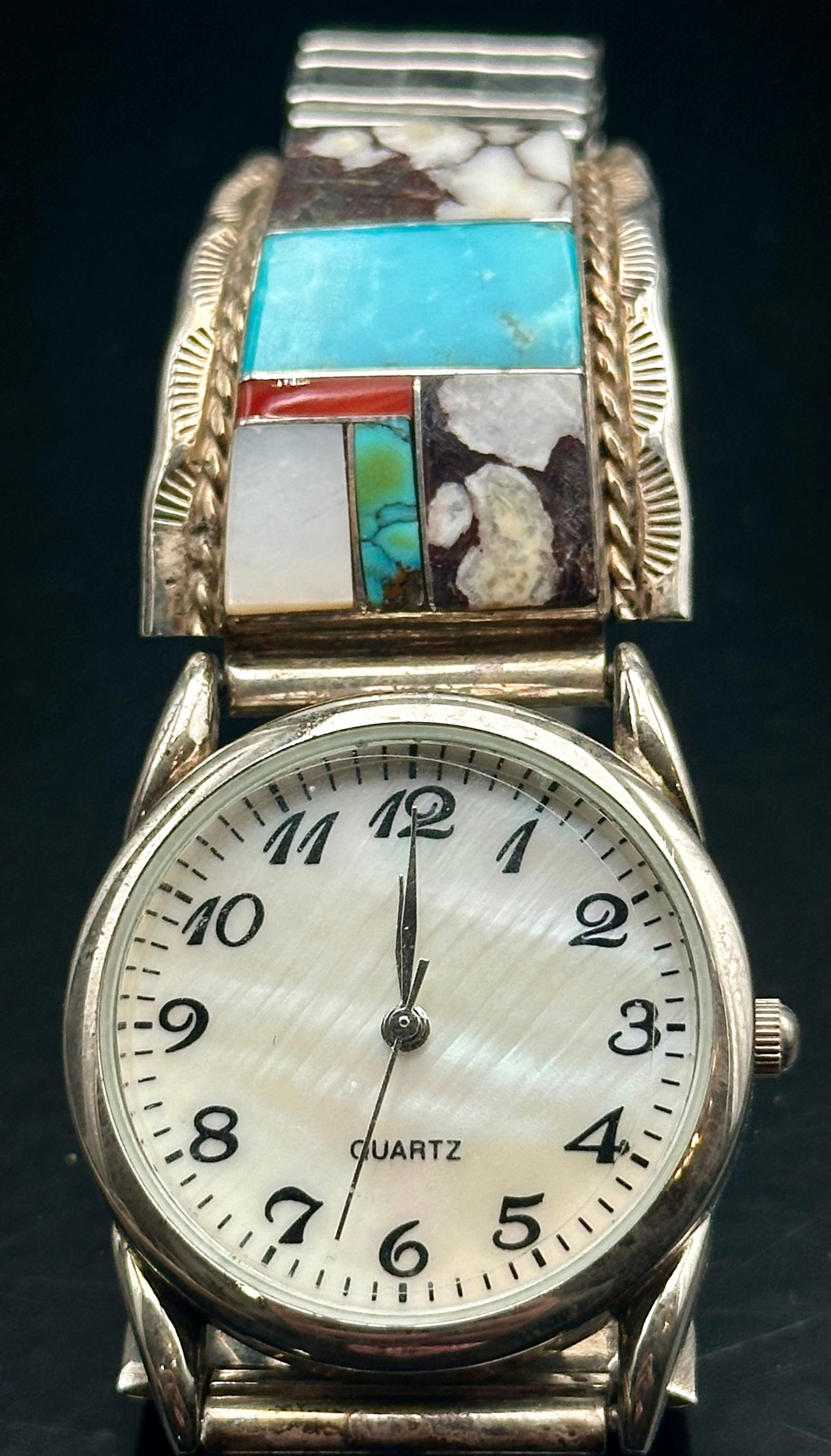 Native American Sterling Silver Multi-Stone Inlay Watch – Turquoise, Coral & Shell (1 of 10)