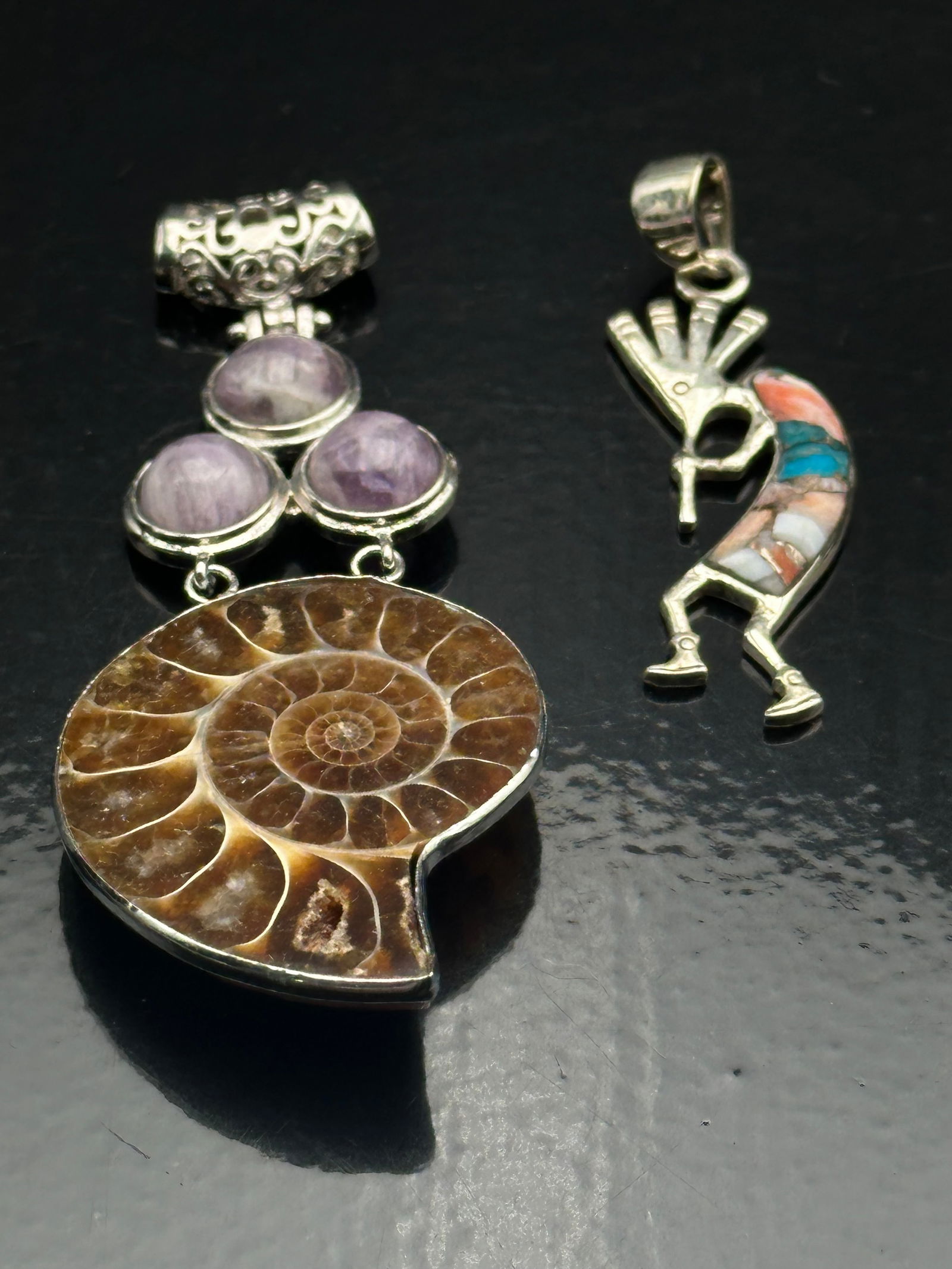 Sterling Silver Fossil Ammonite & Kokopelli Inlay Pendants – 2 Pieces (1 of 8)