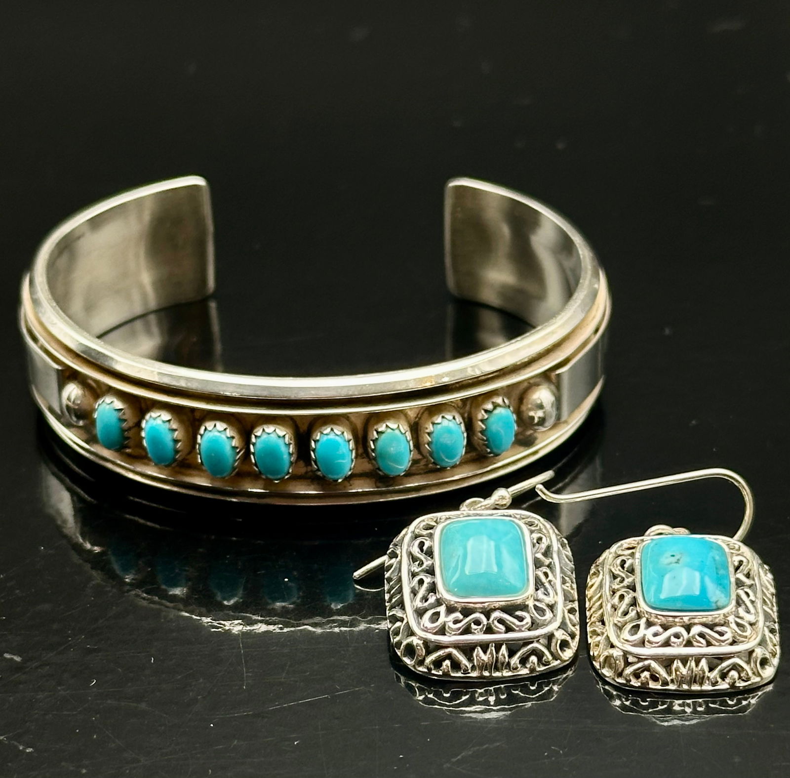 Sterling Silver Turquoise Cuff Bracelet & Earrings Set, Signed WJ, 32.3g (1 of 11)
