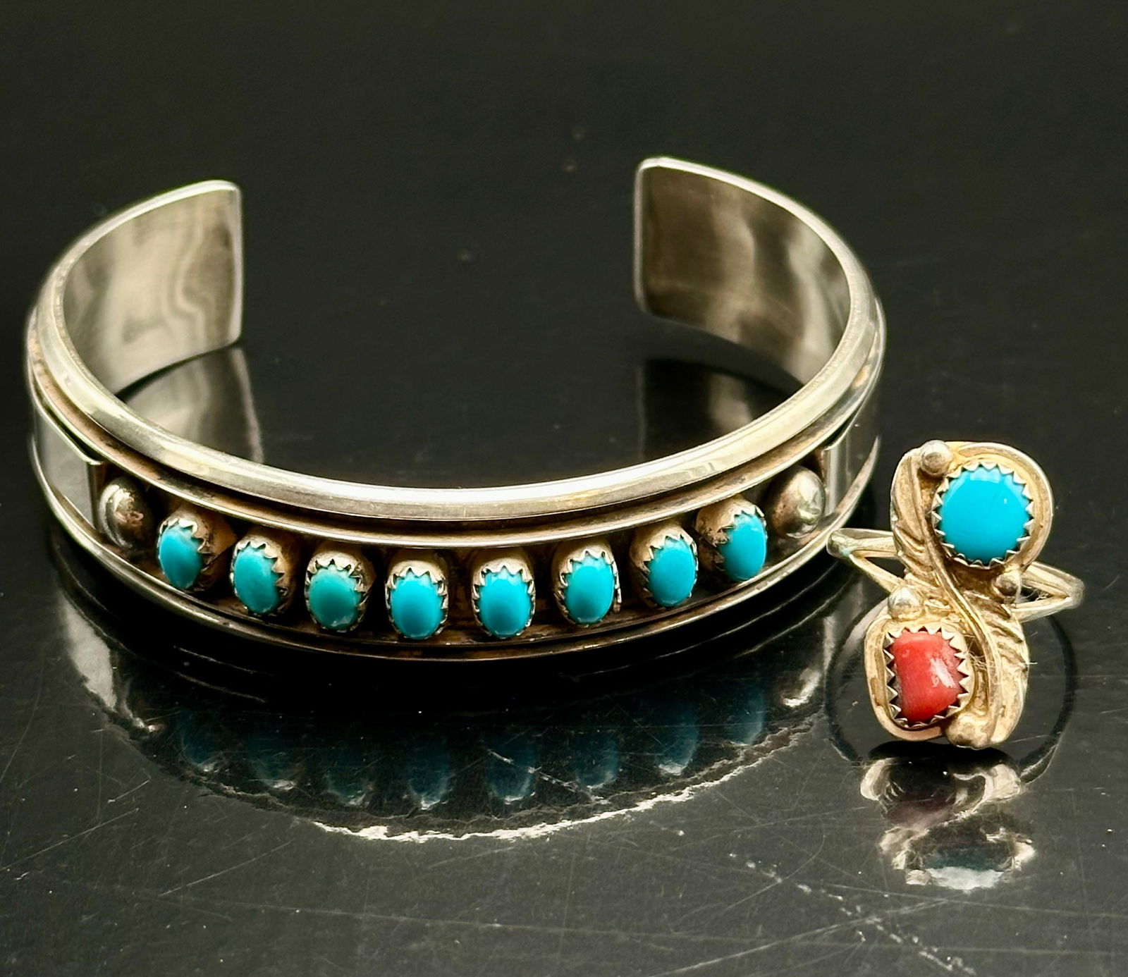 Vintage Navajo Sterling Silver Turquoise Bracelet & Coral Turquoise Ring Set (WJ Signed) (1 of 12)