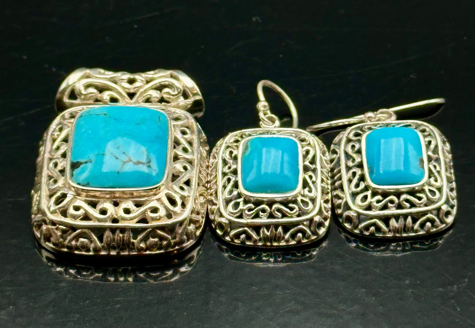 Vintage Sterling Silver Turquoise Pendant & Earring Set, Filigree Design, 25g (1 of 7)