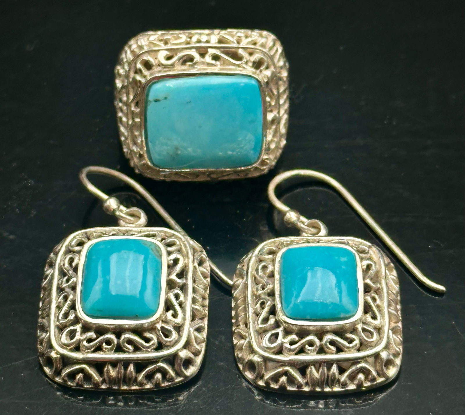 Sterling Silver Filigree Turquoise Ring & Earring Set, Size 6, 20g (1 of 11)