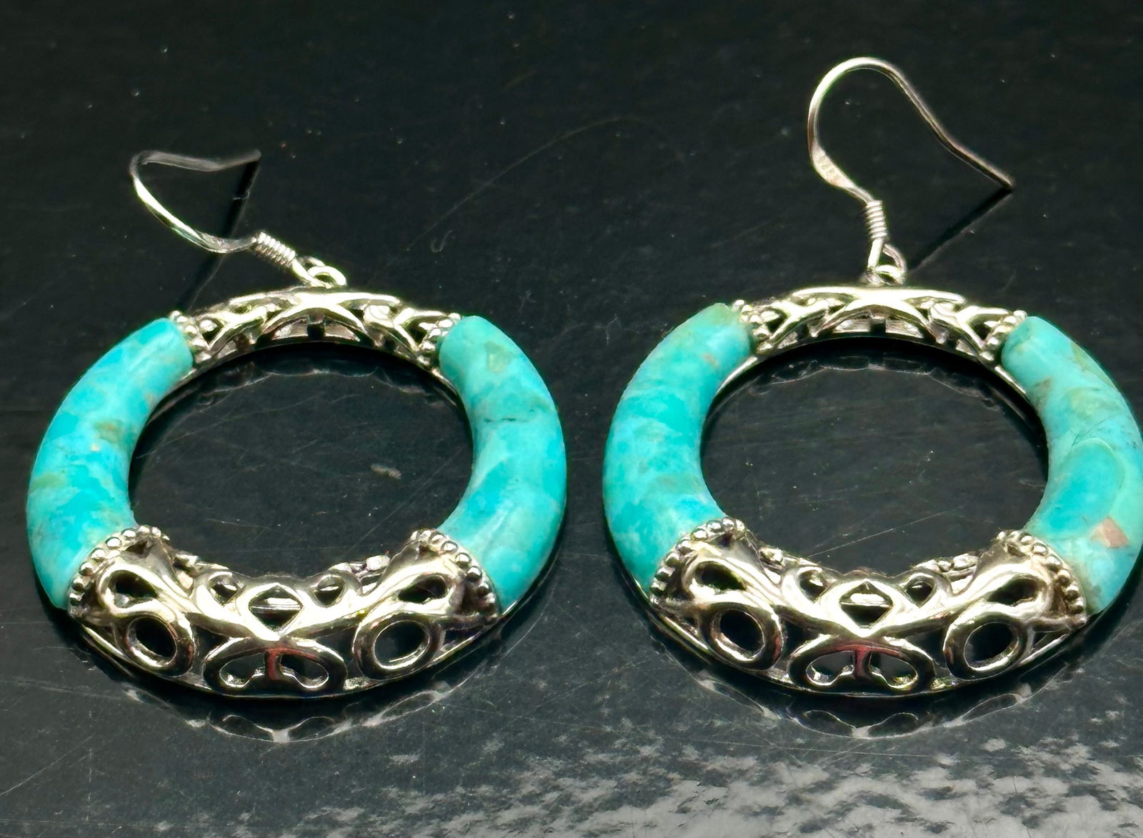 Sterling Silver & Turquoise Inlay Hoop Earrings, 13g (1 of 7)