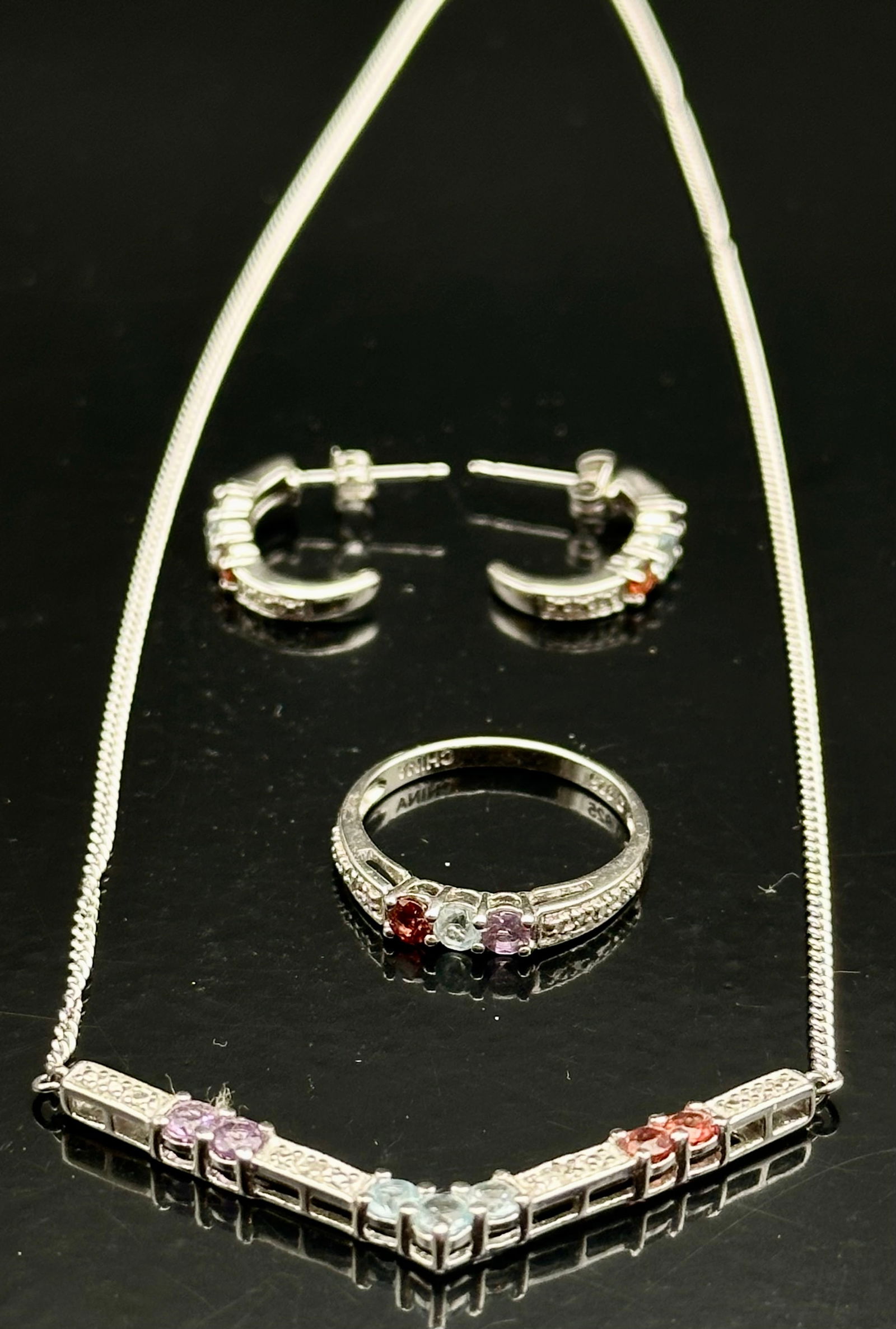 Sterling Silver Multi-Gemstone Necklace, Ring & Earring Set – Marked B 925 (1 of 10)