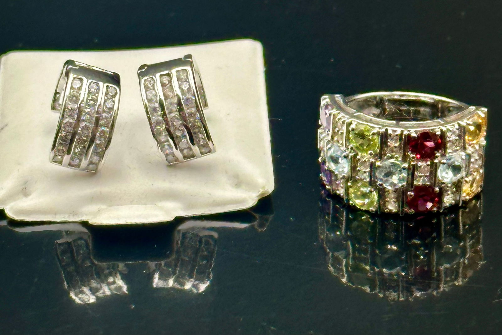 Multi-Gem & CZ Sterling Silver Ring and Hoop Earring Set (1 of 13)