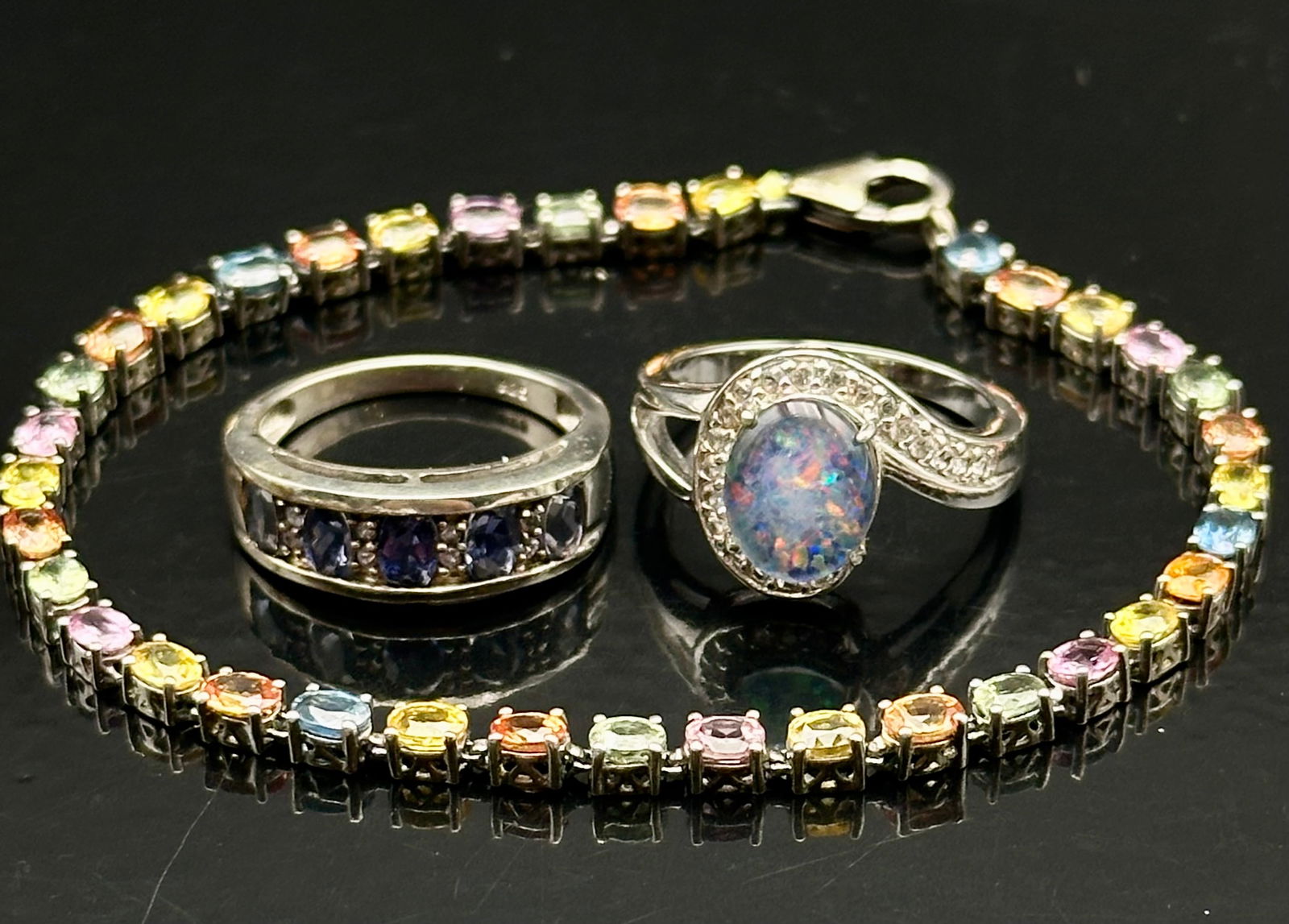 Sterling Silver Opal & Multi-Gem Bracelet and Ring Set (3pcs) (1 of 15)