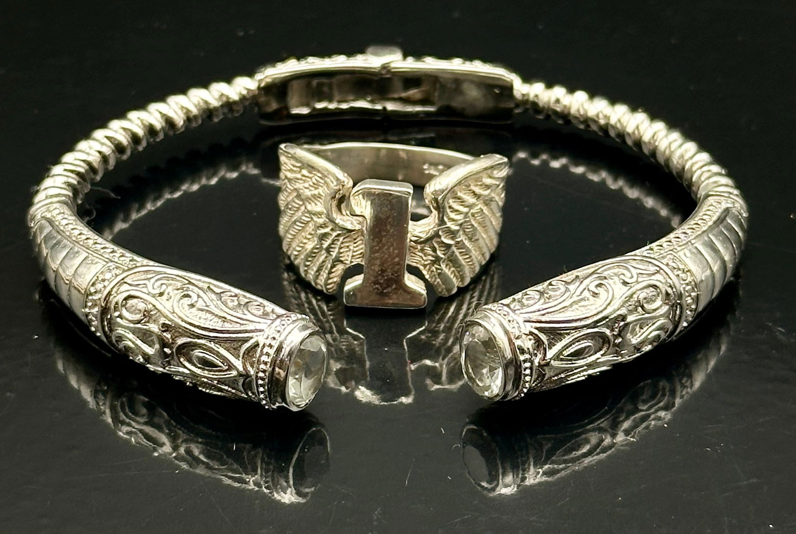 Vintage Sterling Silver White Topaz Cuff Bracelet & Biker Wing “1” Ring Set, Marked 925 (1 of 16)