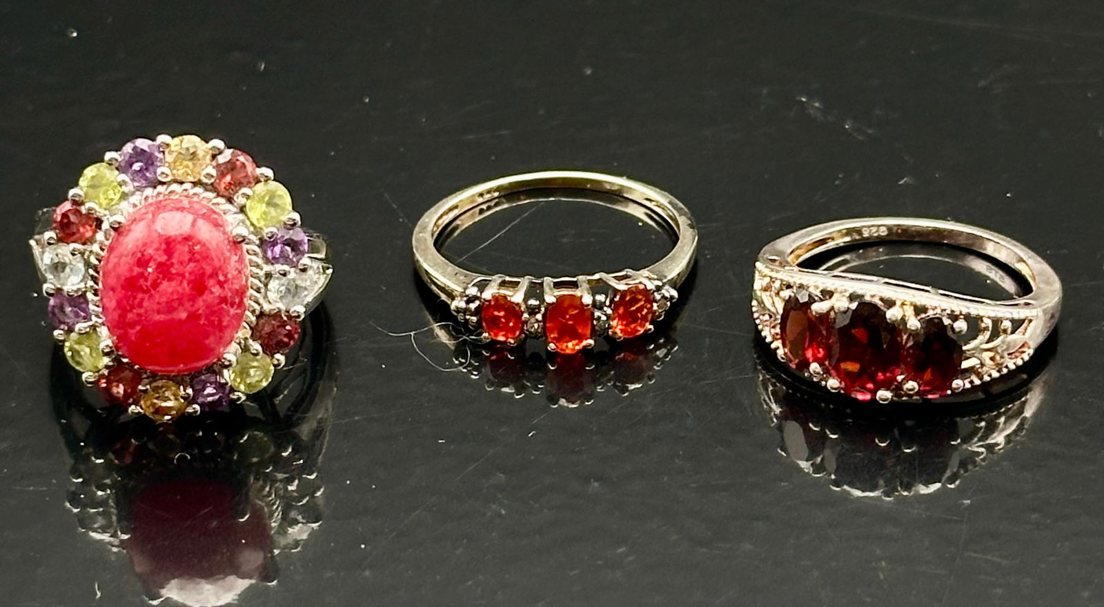 Sterling Silver Multi-Gemstone Ring Trio: Red Stone, Fire Opal & Mozambique Garnet (1 of 14)