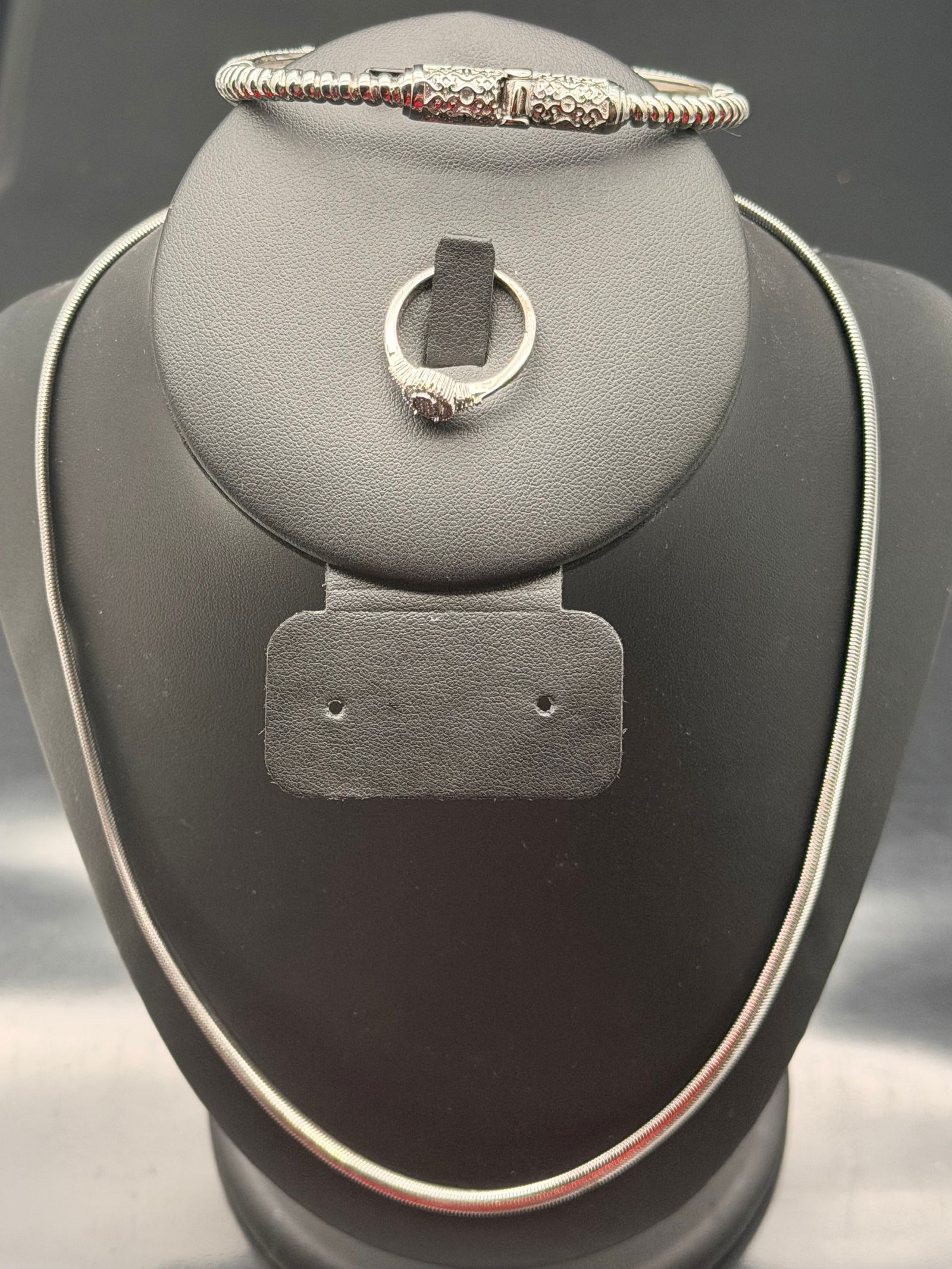 Silver Bracelet Set – Ornate Cuff, Snake Chain & Solitaire Ring (1 of 10)