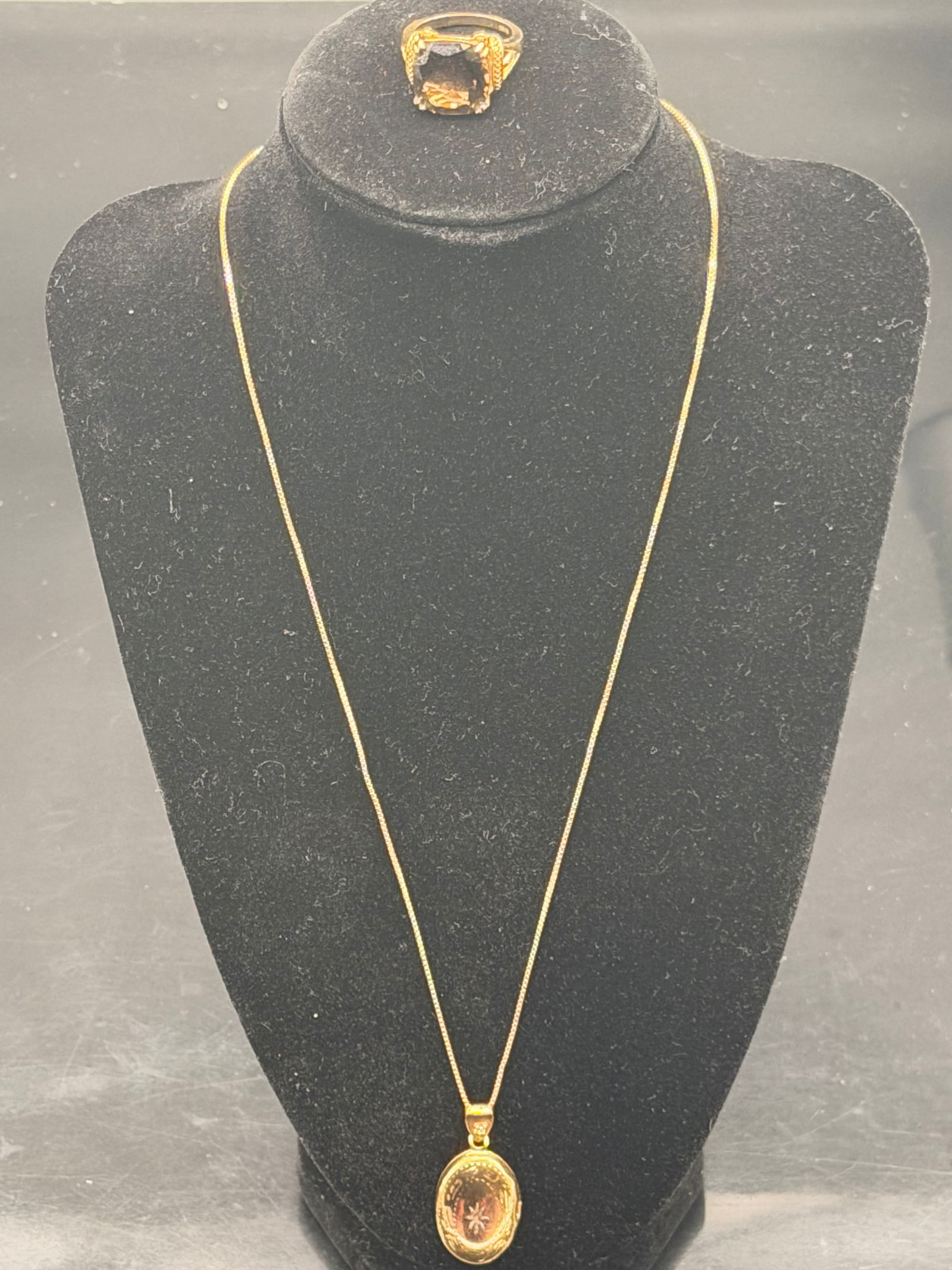 Vintage Amber Crystal & Locket Jewelry Set – 925 Silver Gold Plated Necklace and Ring (1 of 11)