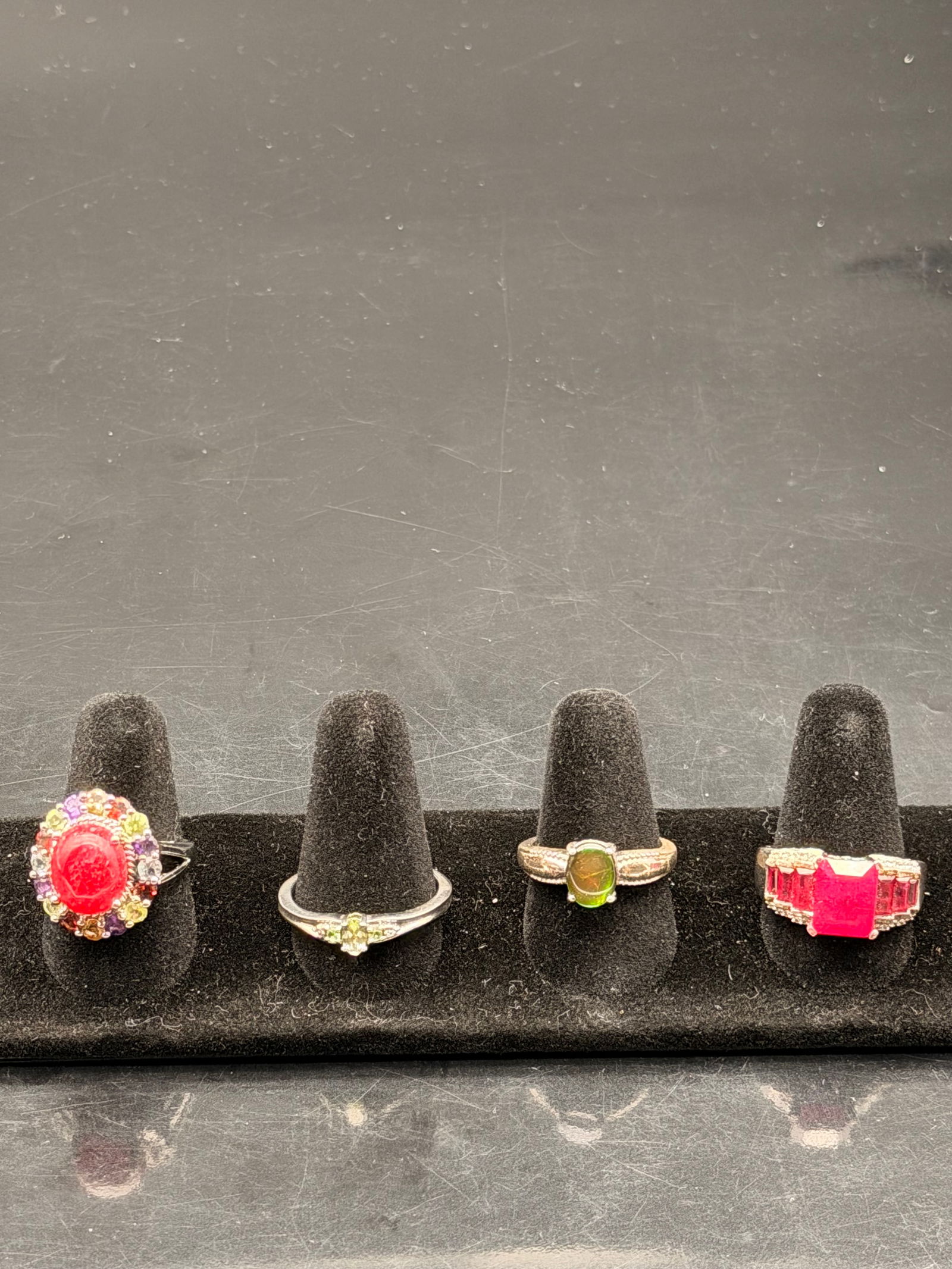 Vibrant Sterling Silver Gemstone Ring Set – Ruby, Peridot & Floral Design (1 of 18)