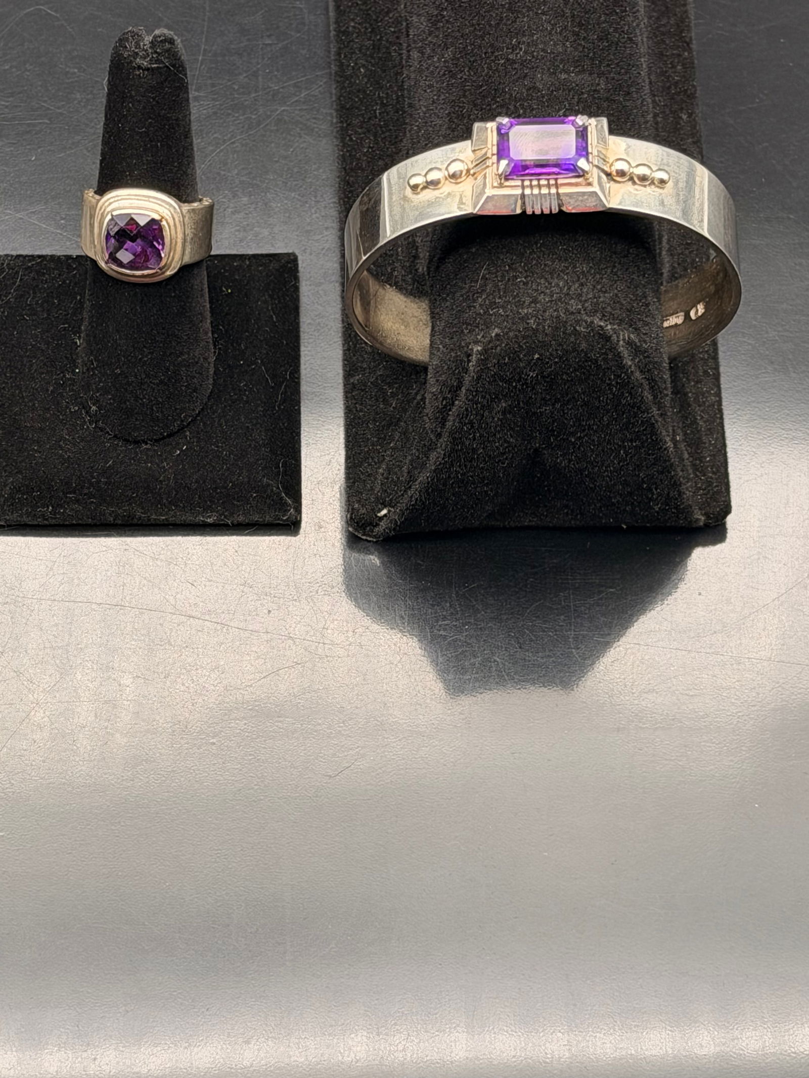 Vintage 925 Sterling Silver Amethyst Ring & Cuff Bracelet Set (1 of 10)